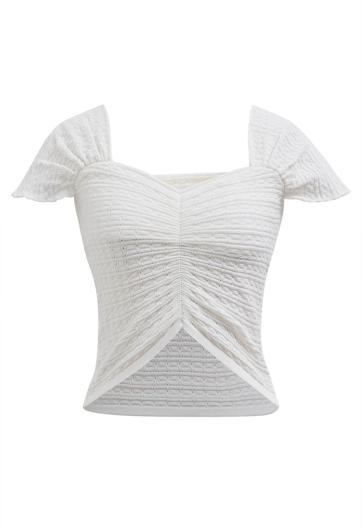 Sweetheart Neckline Shirred Crop Knit Top in White