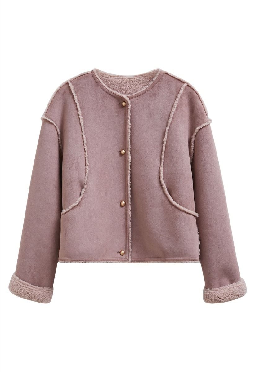 Faux Suede and Fur Button Coat in Mauve