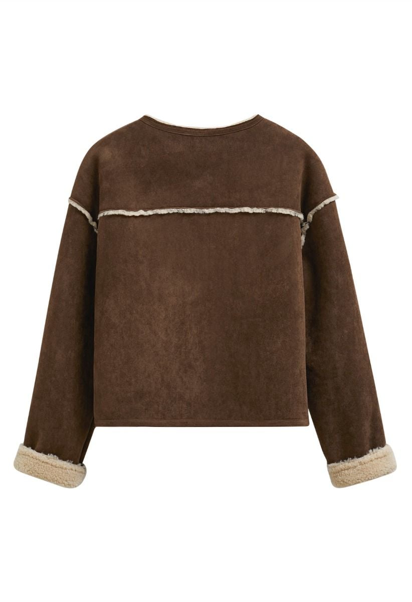 Faux Suede and Fur Button Coat in Chocolate