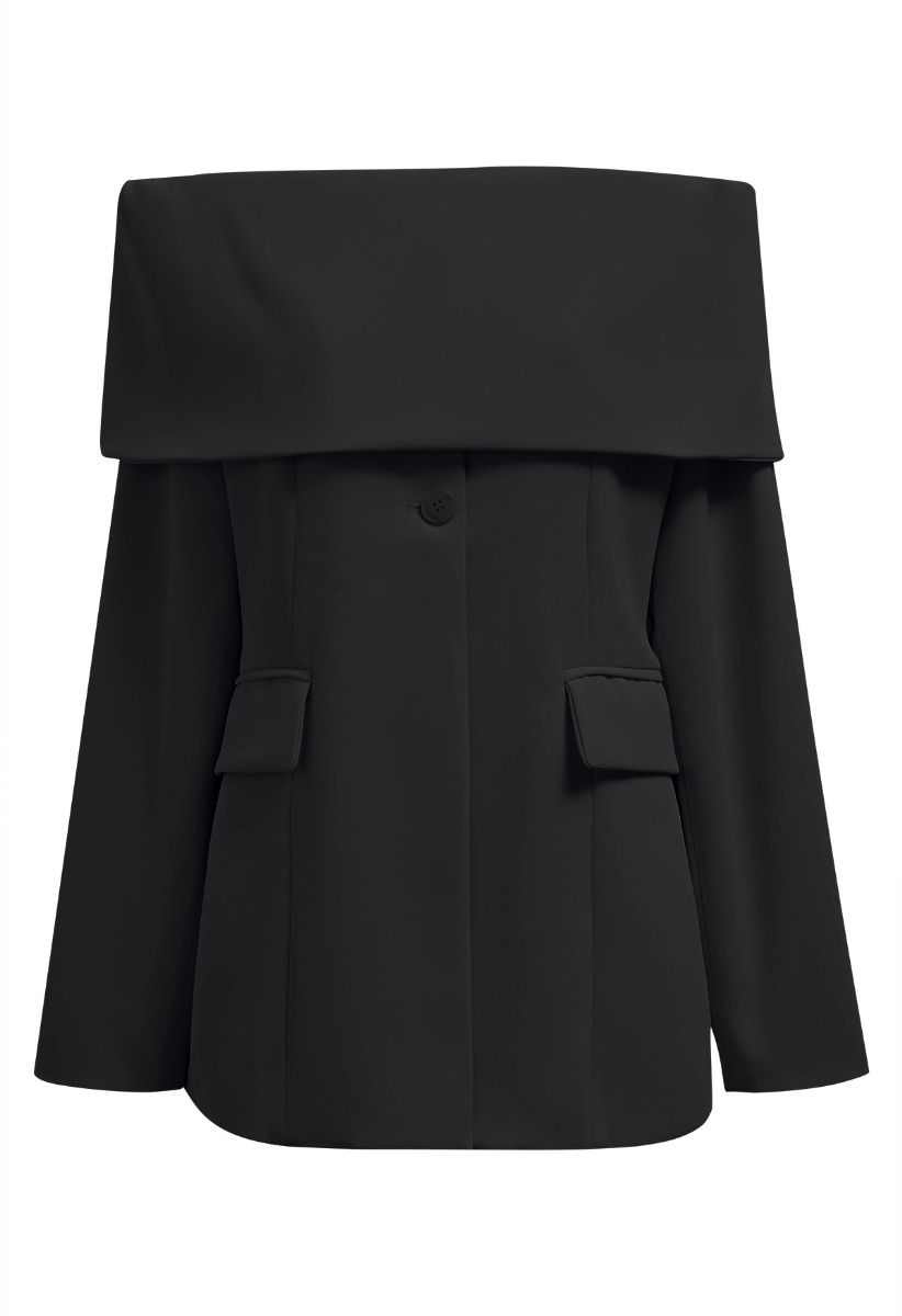 Folded Off-Shoulder Buttoned Blazer in Black