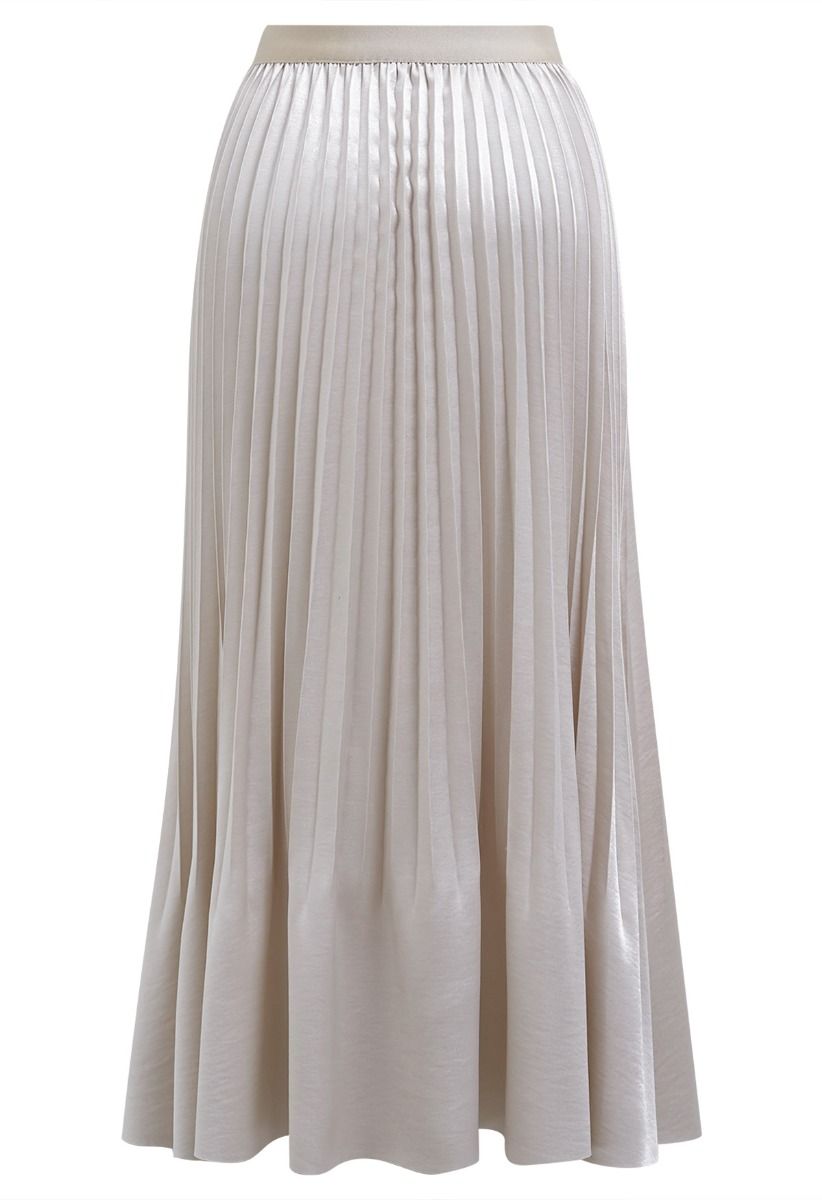 Smooth Satin Pleated Midi Skirt in Cream