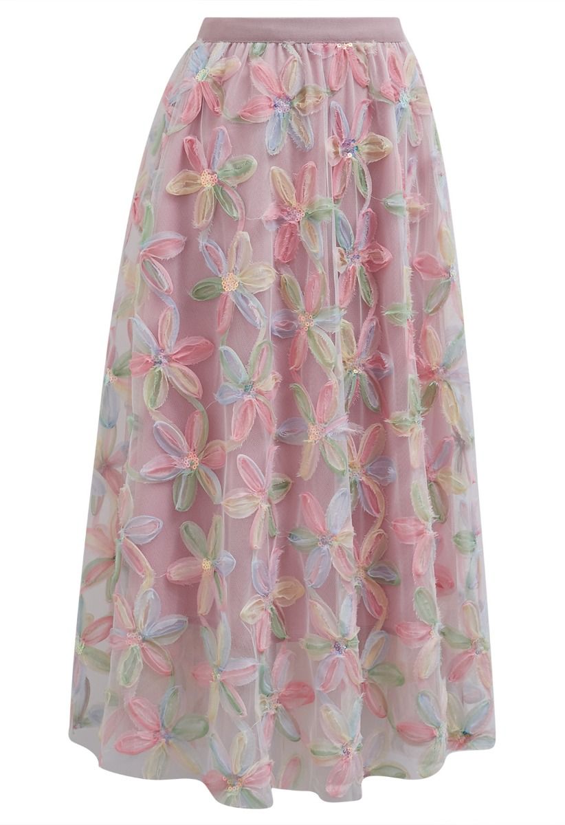 Petal Symphony Double-Layered Mesh Midi Skirt in Pink