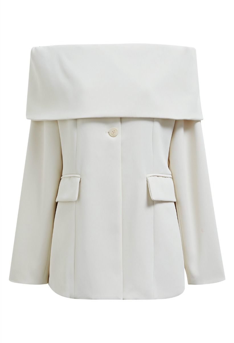 Folded Off-Shoulder Buttoned Blazer in Ivory