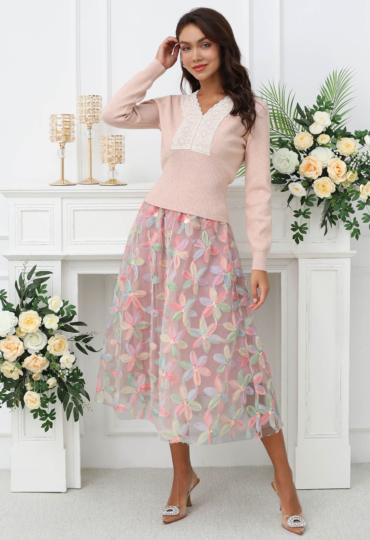 Petal Symphony Double-Layered Mesh Midi Skirt in Pink