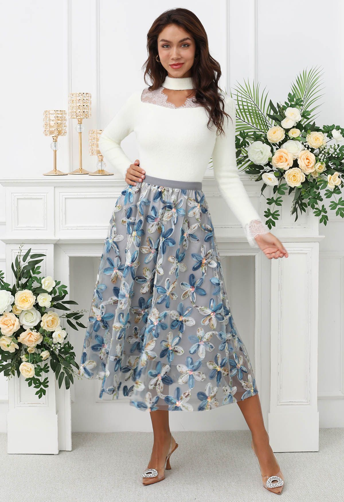 Petal Symphony Double-Layered Mesh Midi Skirt in Blue