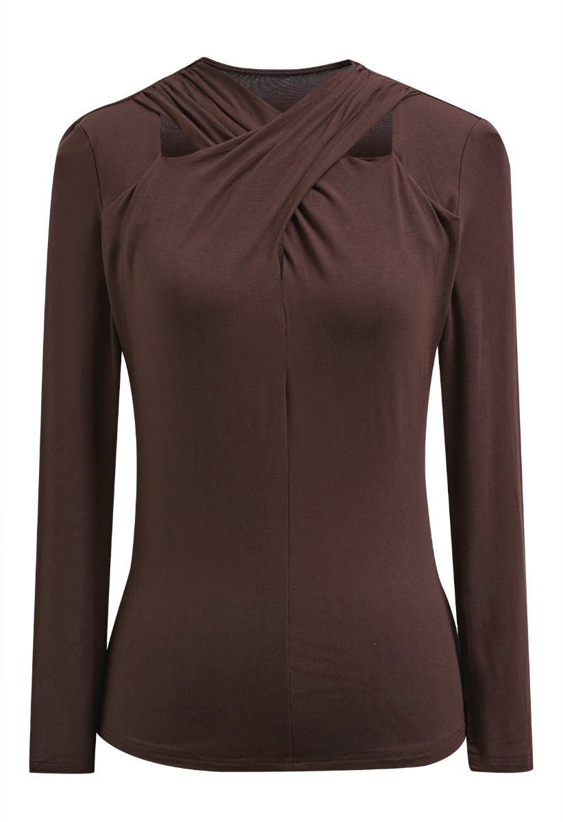 Allure Crisscross Neck Cutout Long-Sleeve Top in Chocolate