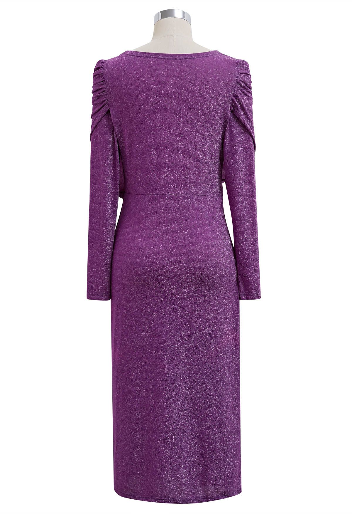 Shimmery Thread Fake Two-Piece Midi Dress in Purple