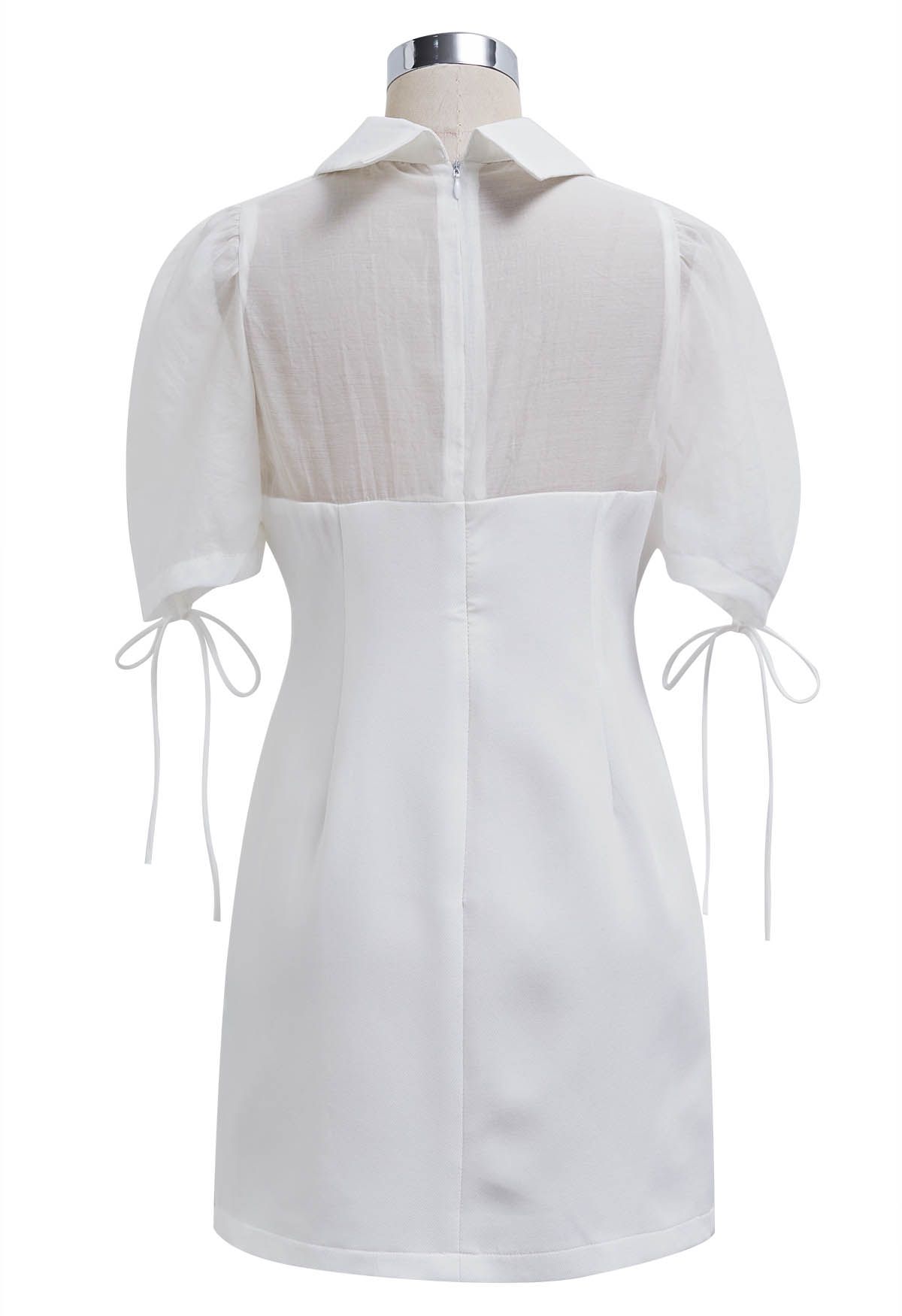 Drawstring Sleeve Collared Spliced Mini Dress in White