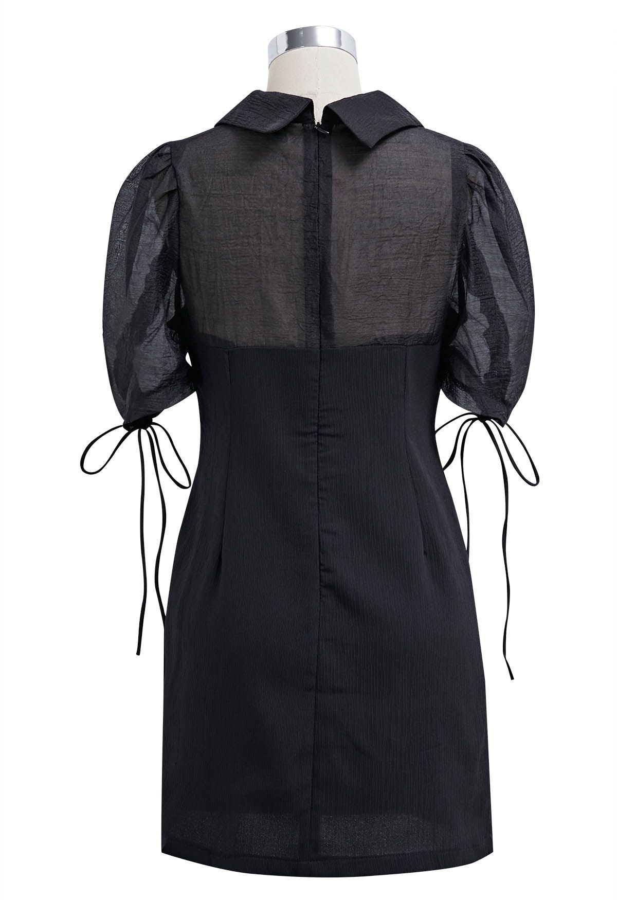 Drawstring Sleeve Collared Spliced Mini Dress in Black