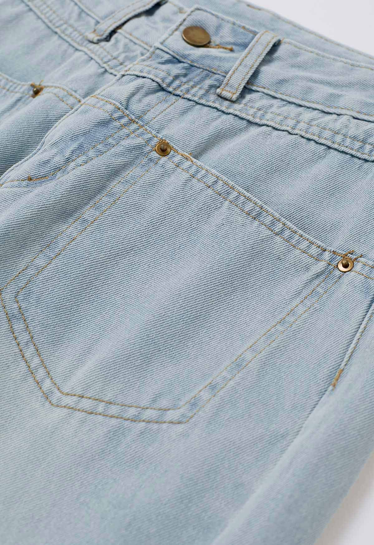 Front Patch Pockets Straight-Leg Jeans in Light Blue