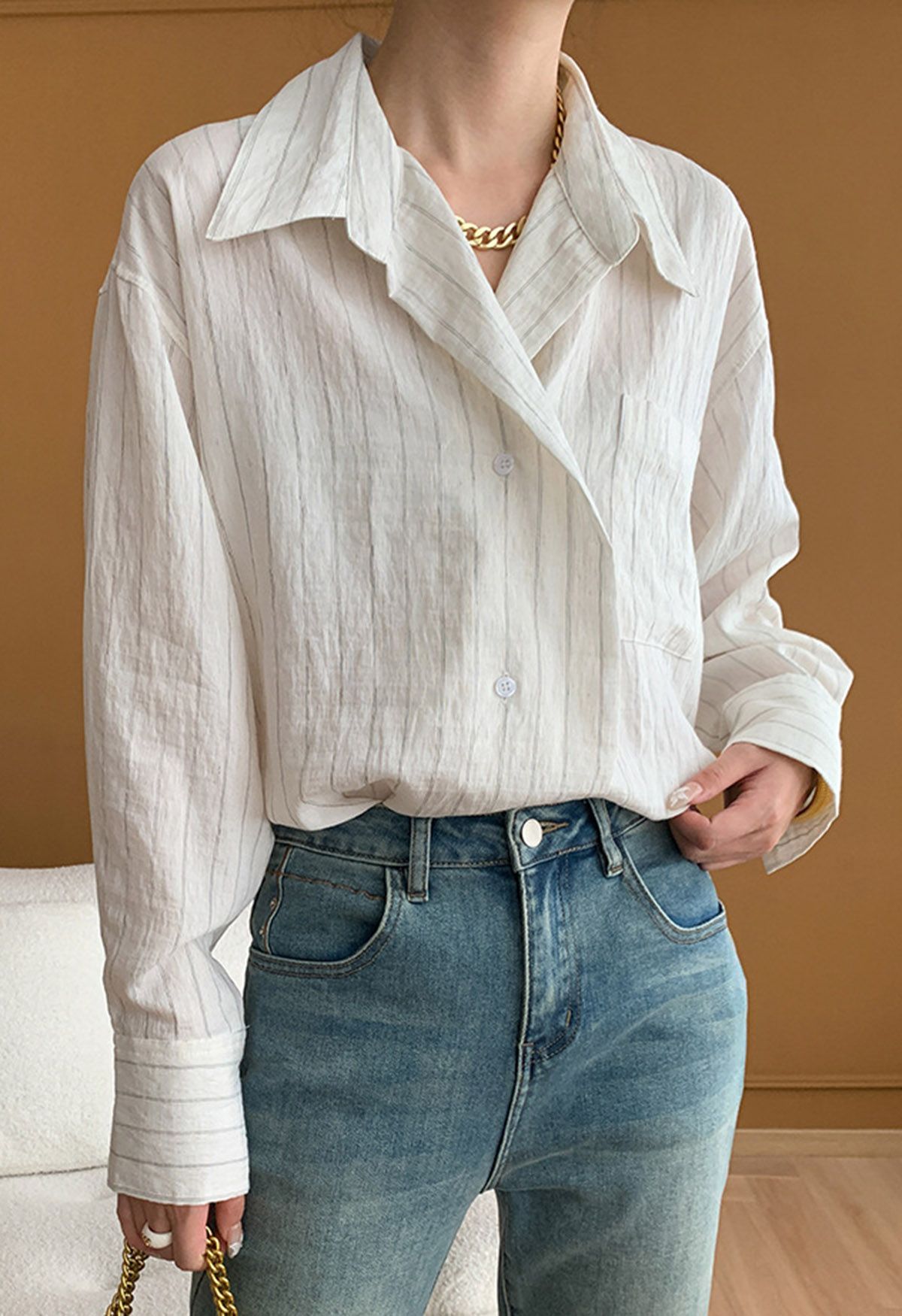 Striped Collared Patch Pocket Shirt in White