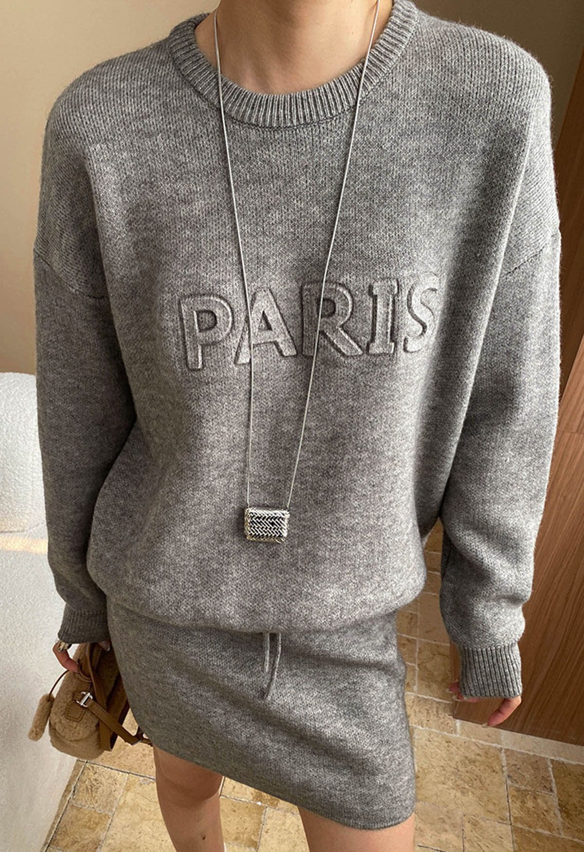 Paris Letter Knit Sweater and Skirt Set in Grey