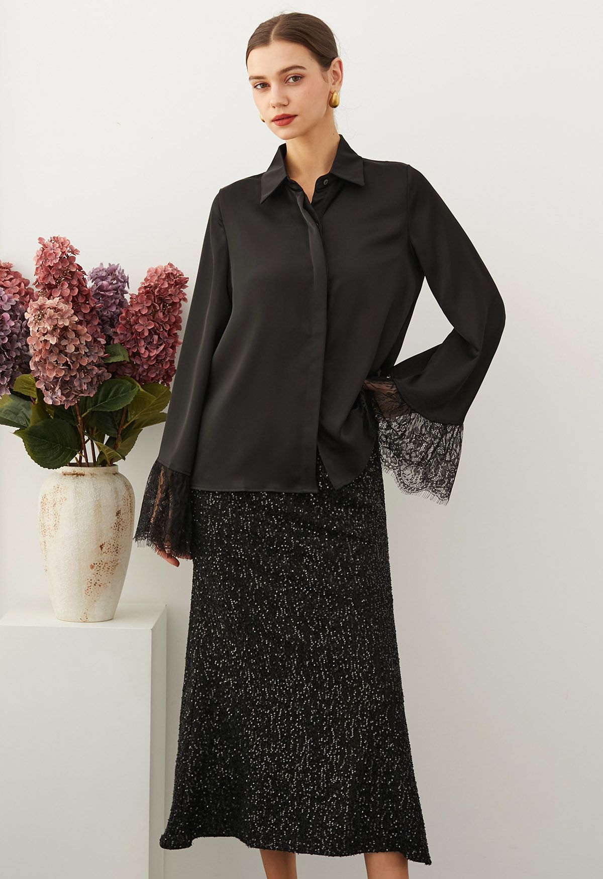 Lace Cuff Bell-Sleeve Satin Shirt in Black