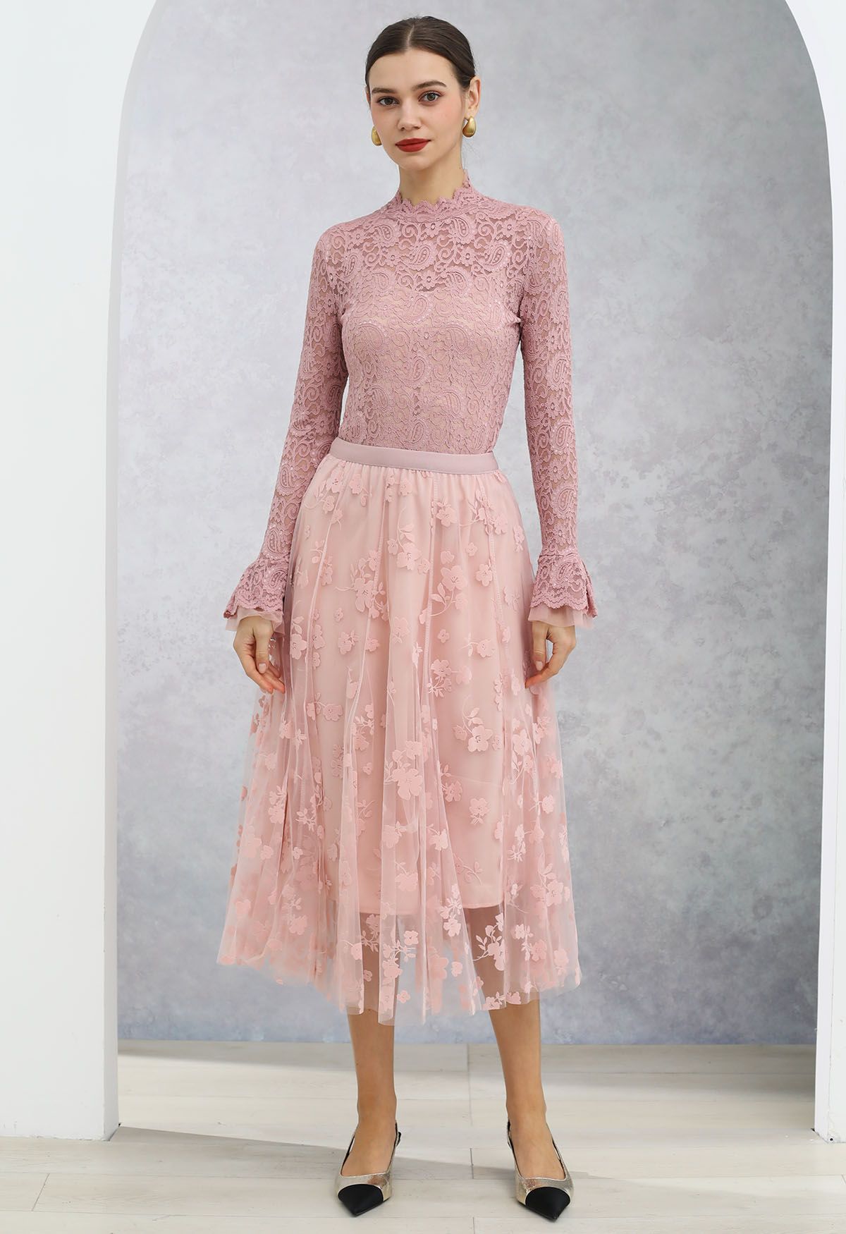 3D Posy Double-Layered Mesh Midi Skirt in Pink