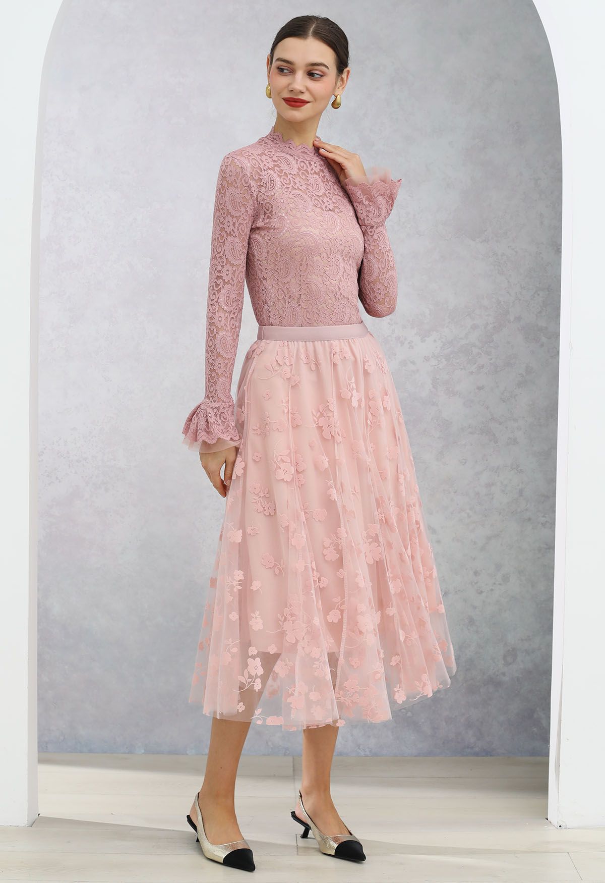 3D Posy Double-Layered Mesh Midi Skirt in Pink