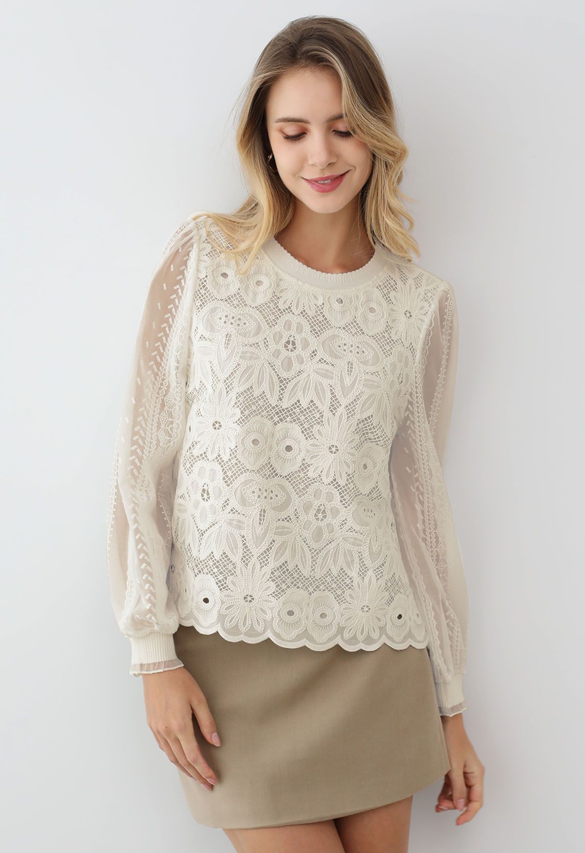 Floral Lace Embroidered Sheer Sleeve Top in Cream