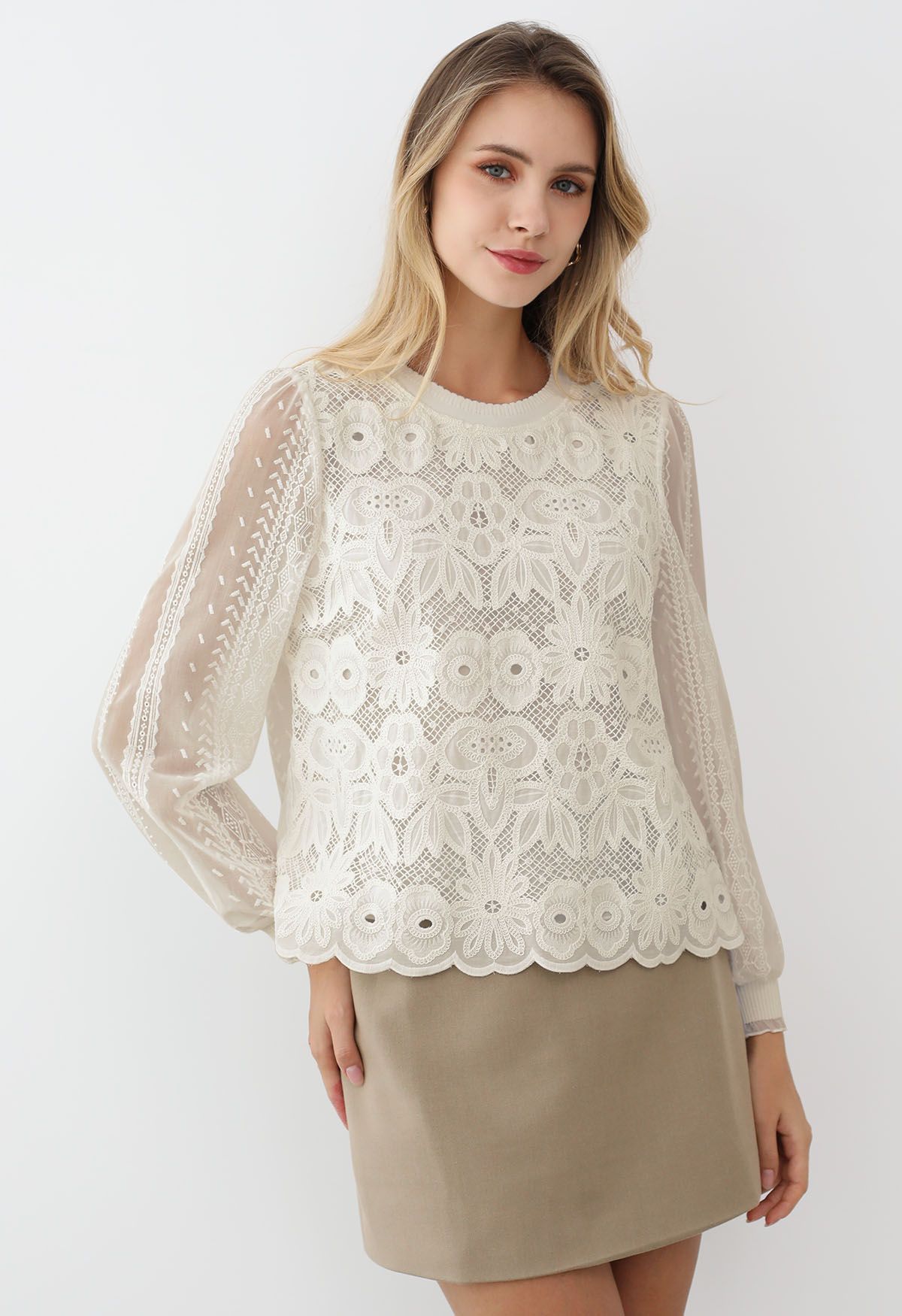 Floral Lace Embroidered Sheer Sleeve Top in Cream