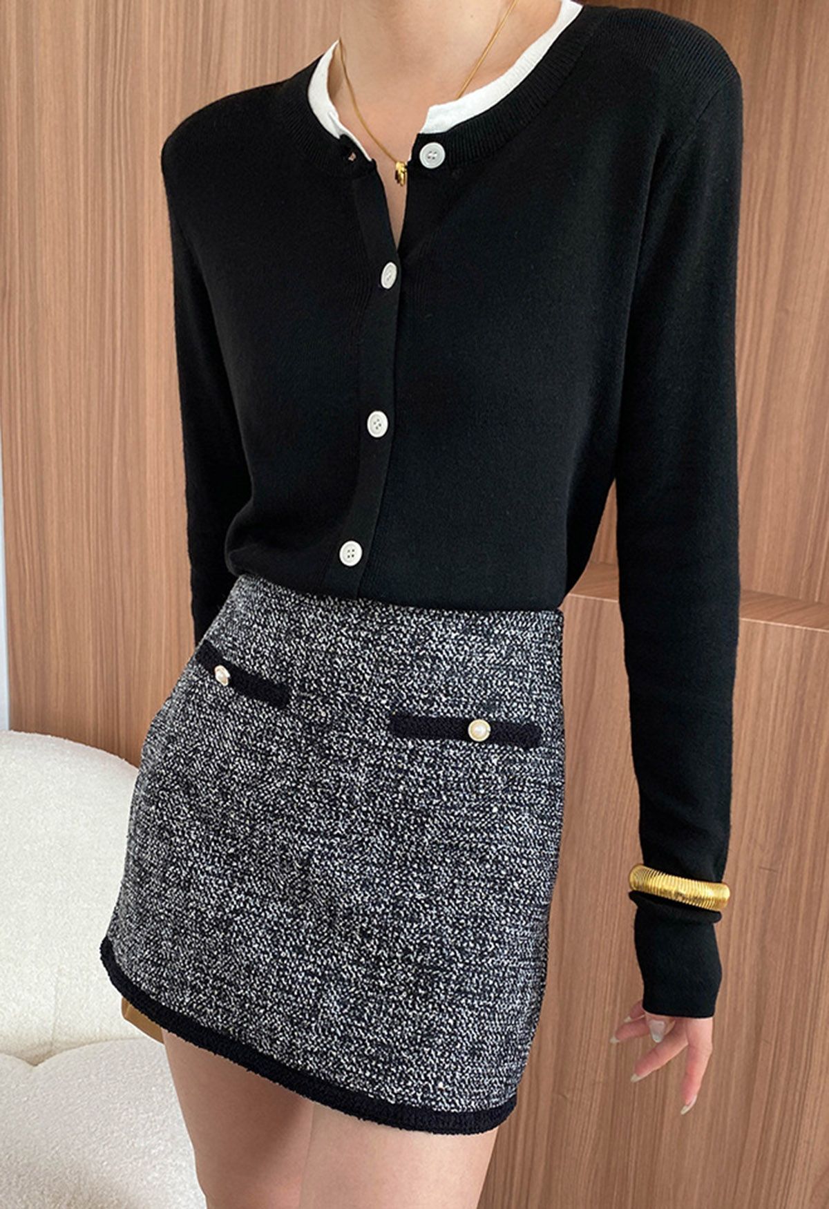 Contrast Edge Tweed Mini Bud Skirt