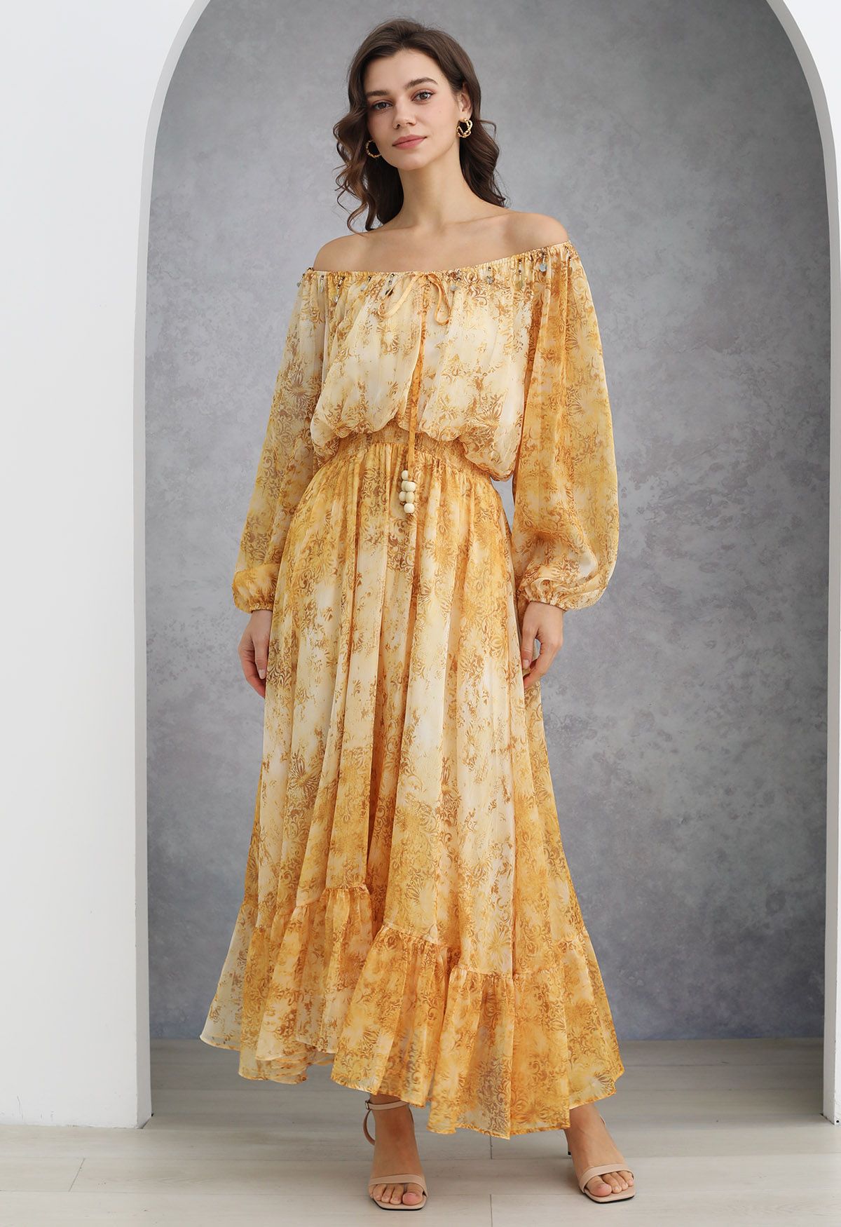 Vintage Baroque Off-Shoulder Chiffon Maxi Dress in Yellow