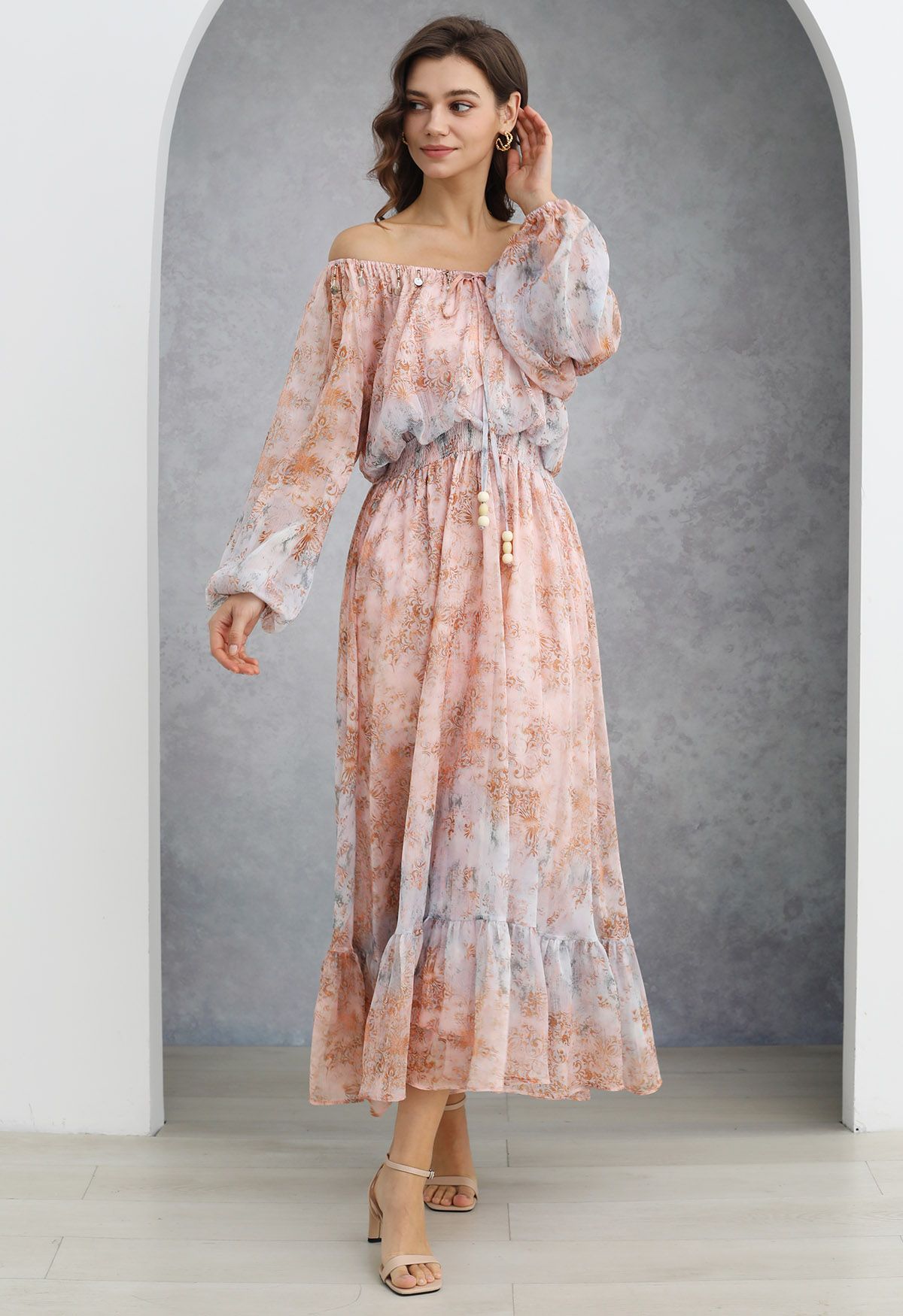 Vintage Baroque Off-Shoulder Chiffon Maxi Dress in Peach