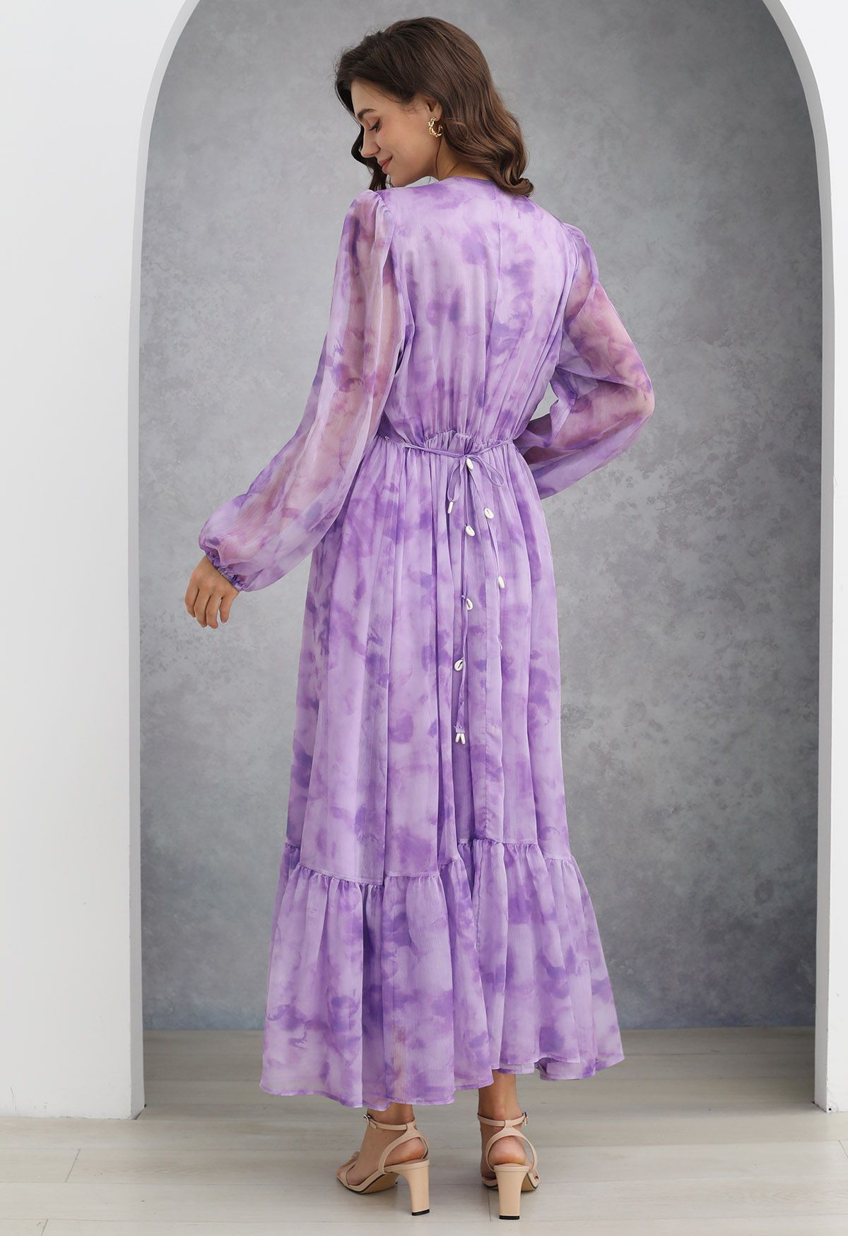 Seashell Beaded Tie-Waist Chiffon Maxi Dress in Lilac