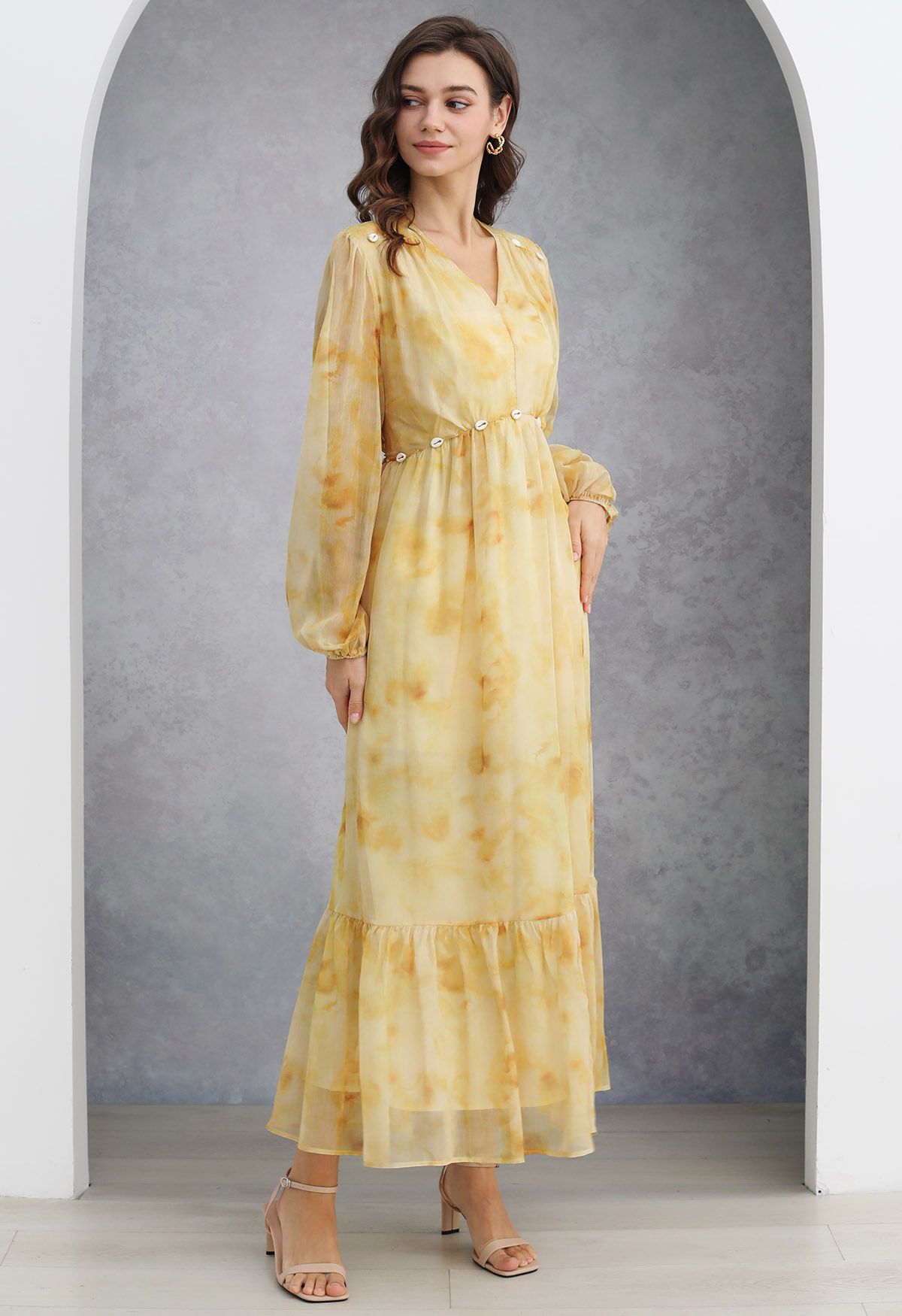 Seashell Beaded Tie-Waist Chiffon Maxi Dress in Yellow