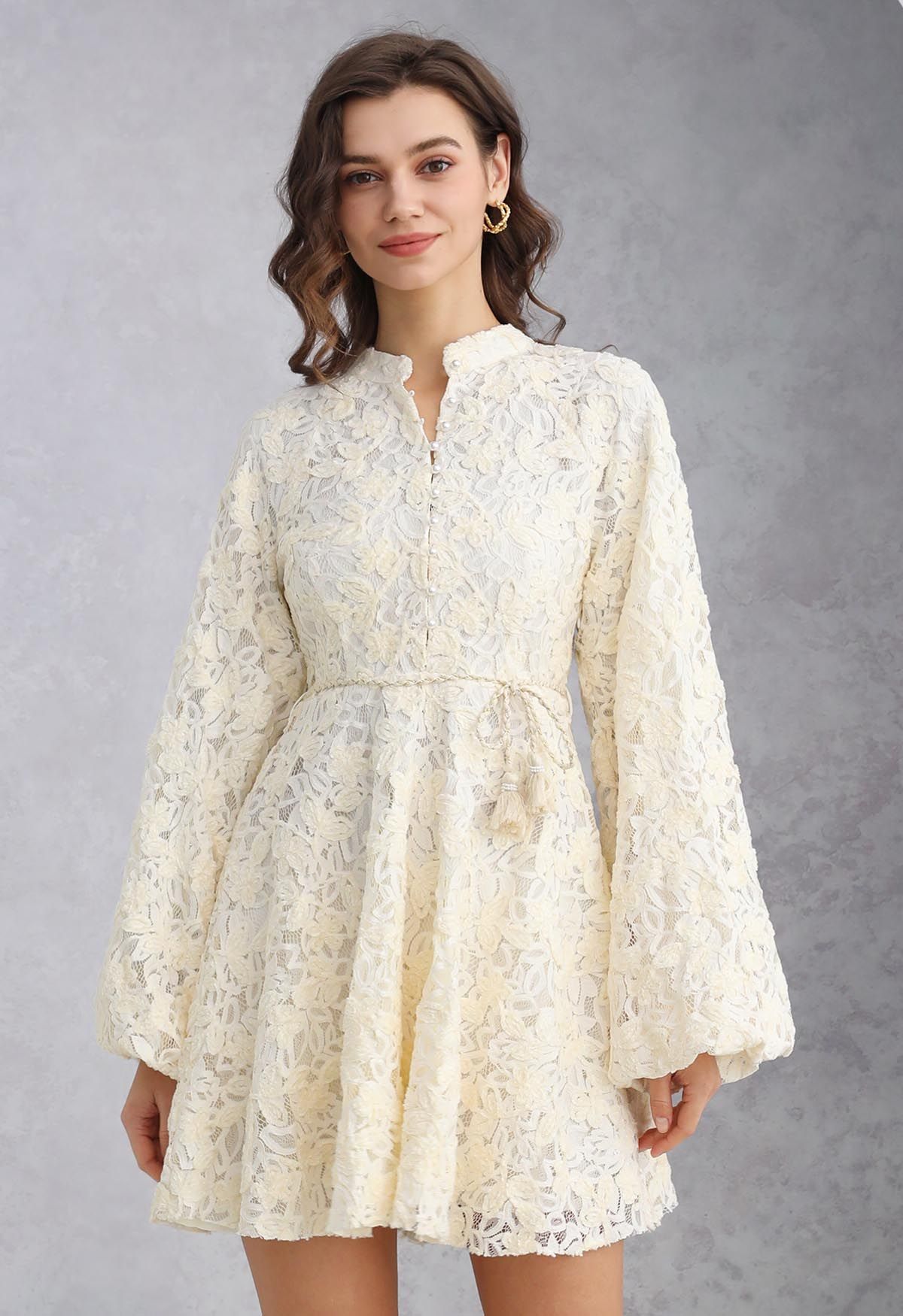 Sweet Full Lace Balloon Sleeve Mini Dress