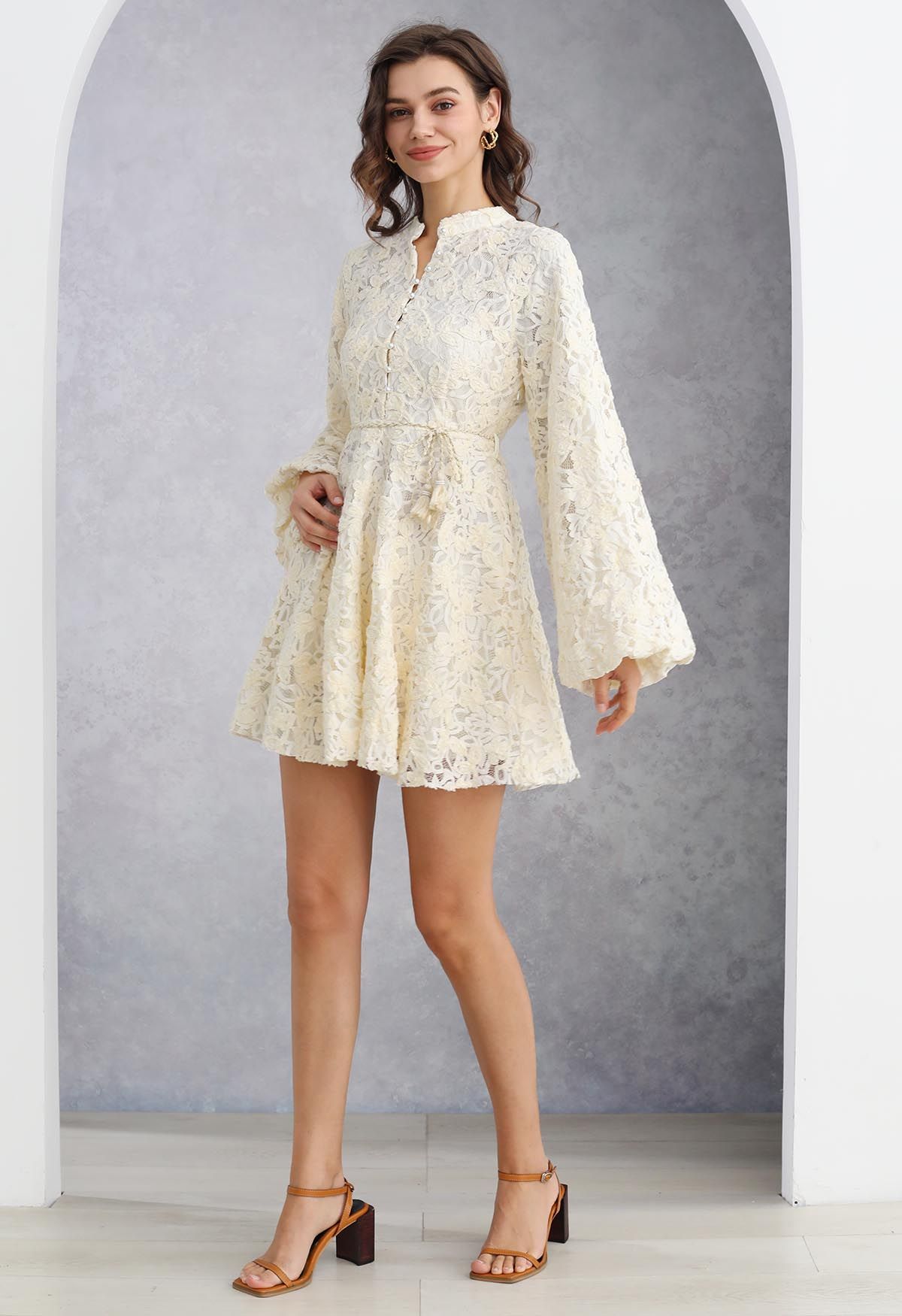 Sweet Full Lace Balloon Sleeve Mini Dress