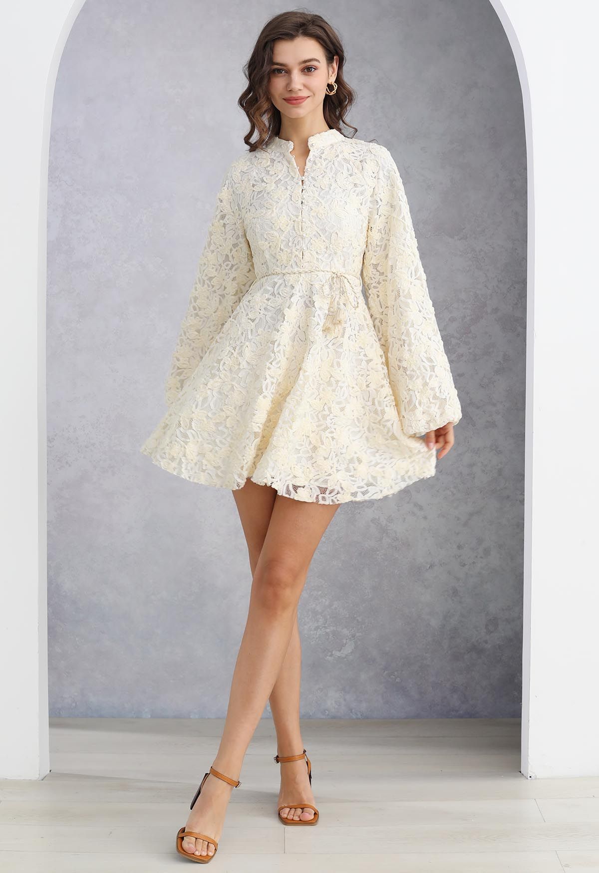 Sweet Full Lace Balloon Sleeve Mini Dress