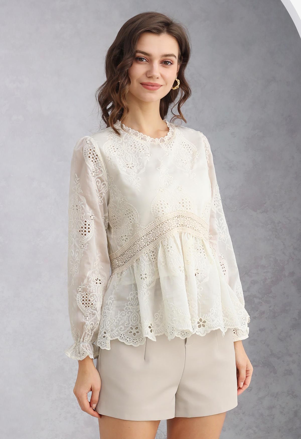 Floral Embroidered Lace Peplum Top