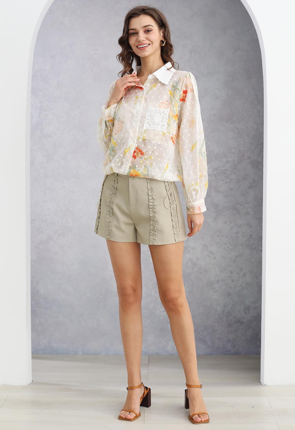 Lace Cutwork Pocket Embroidered Drawstring Shirt in Floral