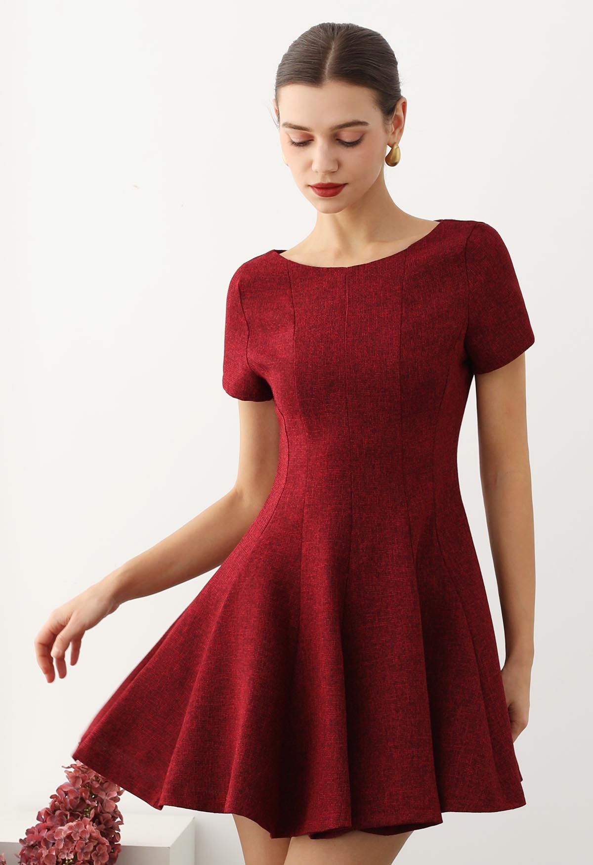 Fit-and-Flare Seamed Tweed Mini Dress in Red