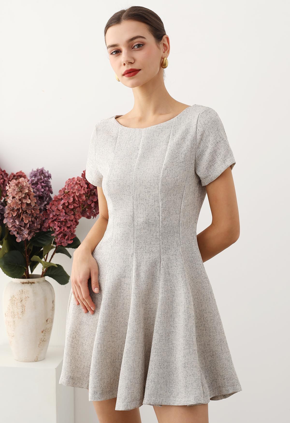 Fit-and-Flare Seamed Tweed Mini Dress in Ivory