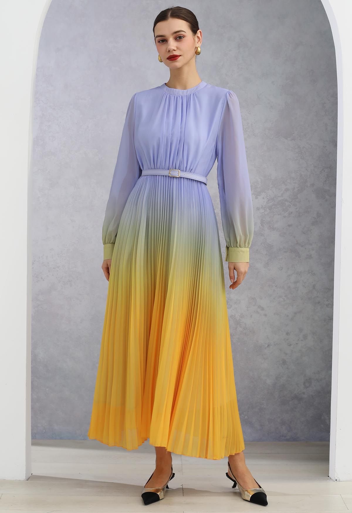 Blue-Yellow Ombre Pleated Belt Chiffon Maxi Dress