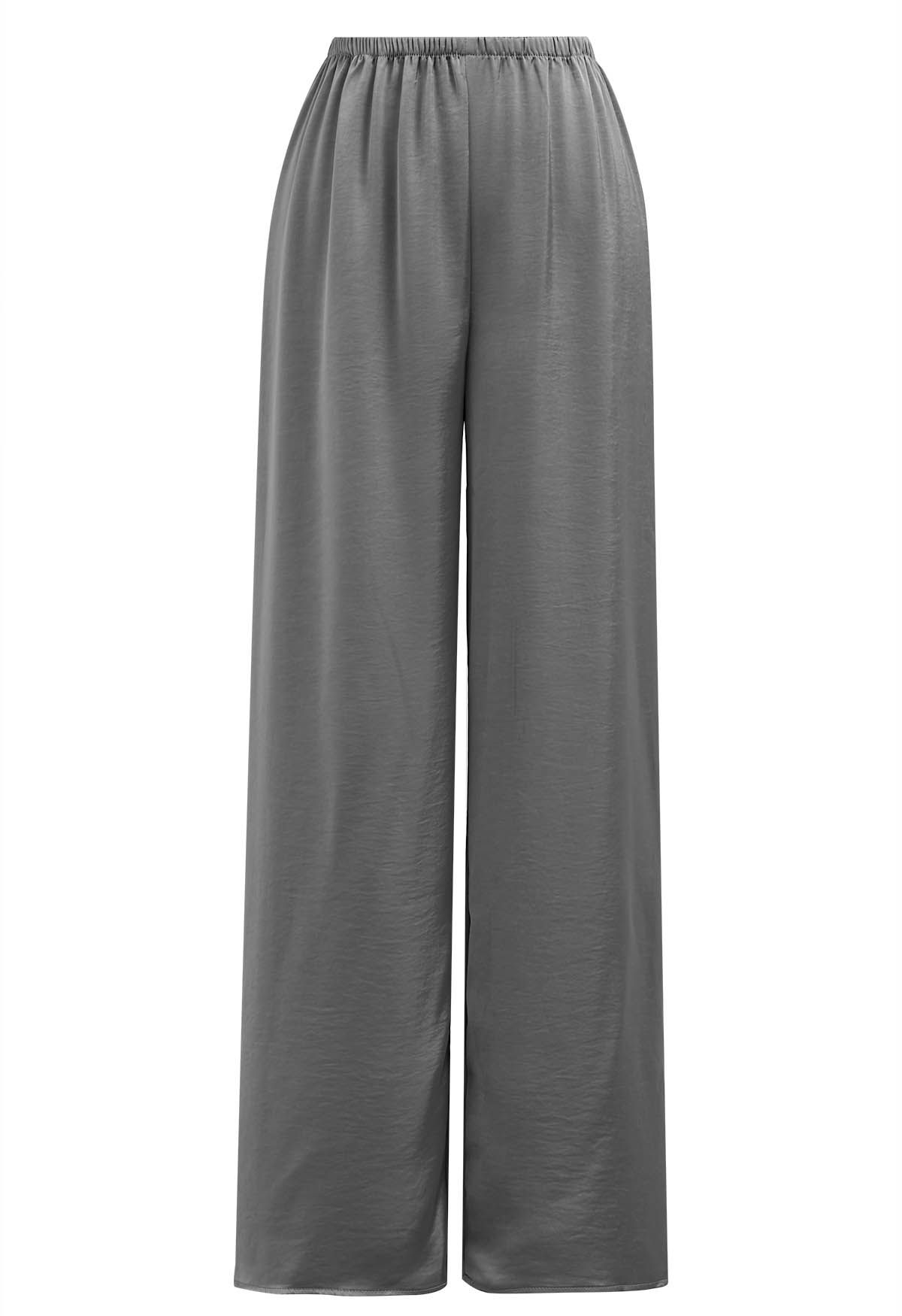 Smooth Satin Pull-On Pants in Grey