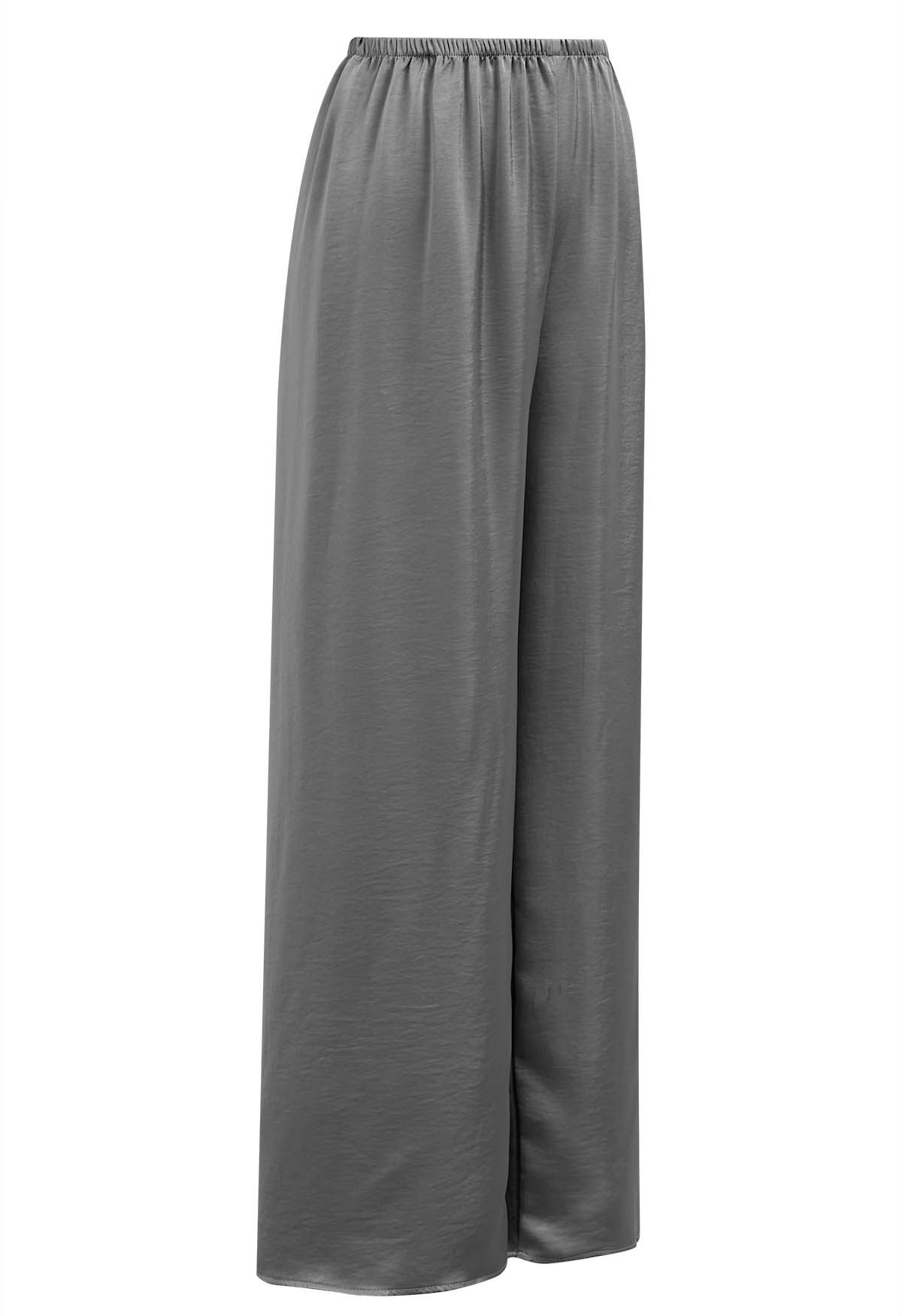 Smooth Satin Pull-On Pants in Grey