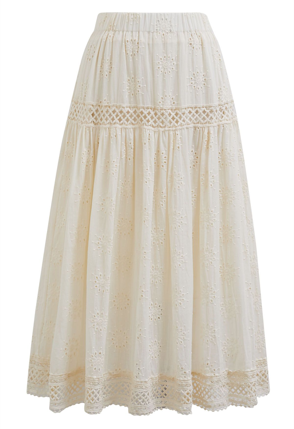 Floral Embroidered Eyelet Cotton Maxi Skirt in Cream