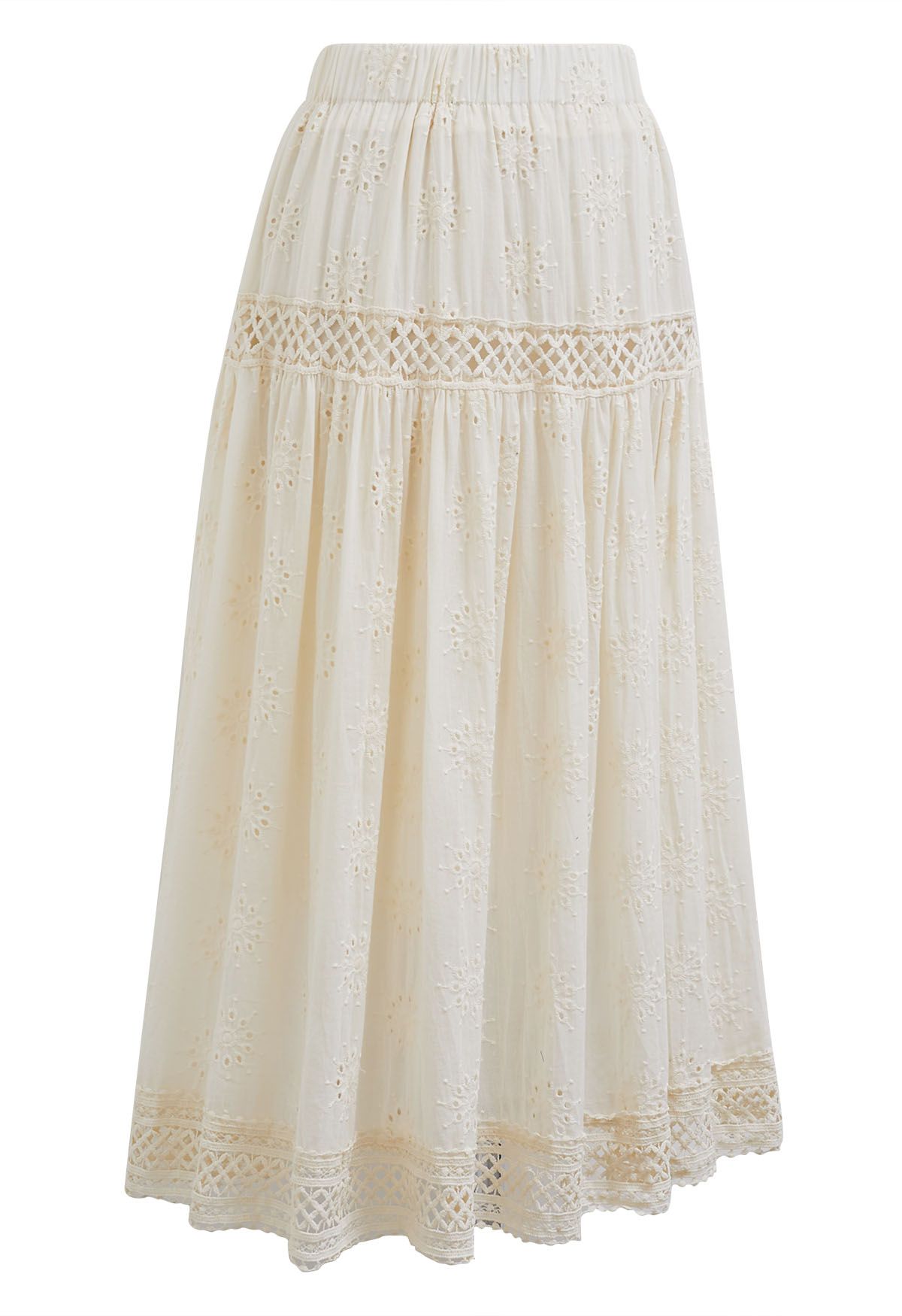 Floral Embroidered Eyelet Cotton Maxi Skirt in Cream