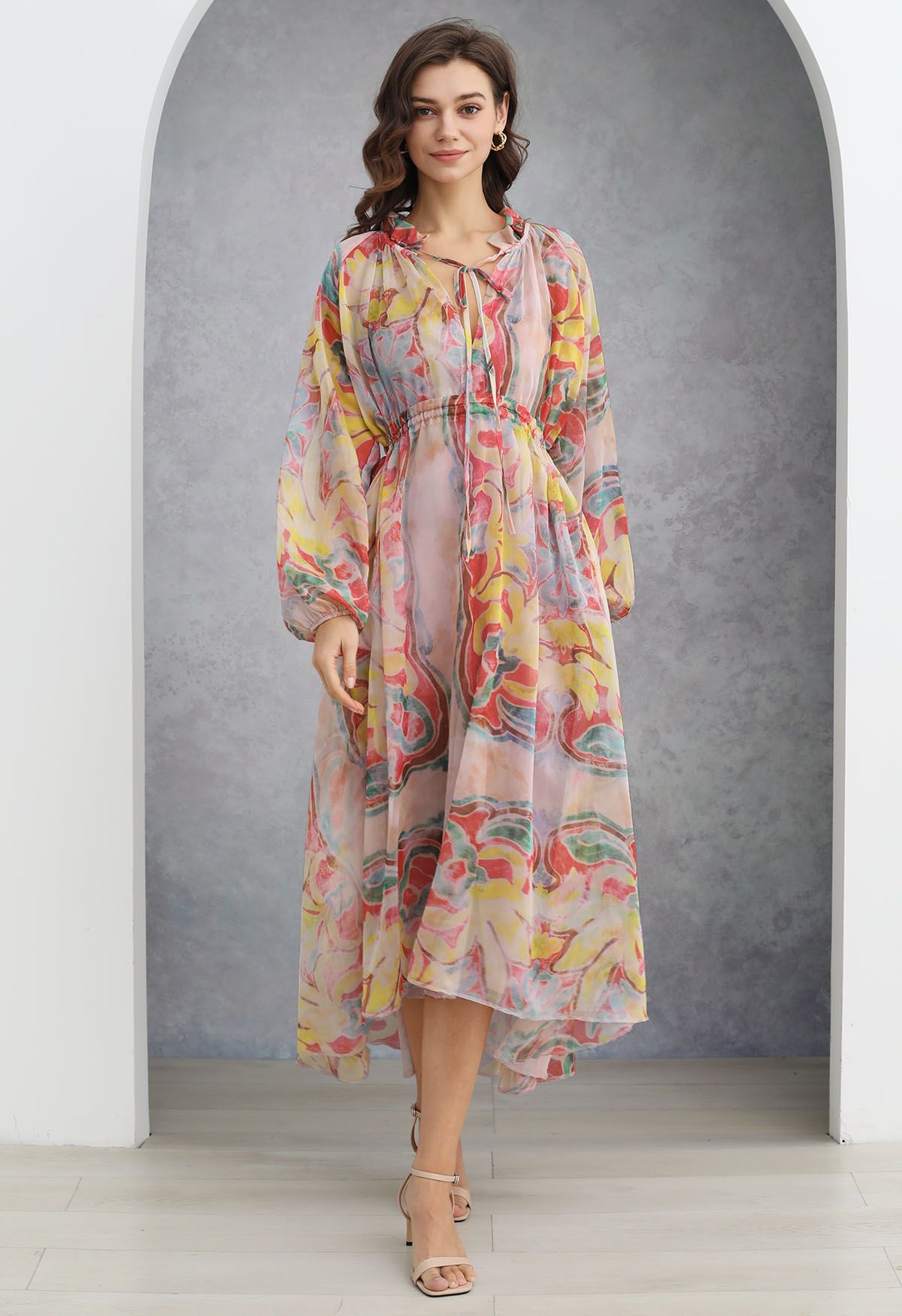 Breezy Tie-Neck Long Sleeve Chiffon Hi-Lo Dress