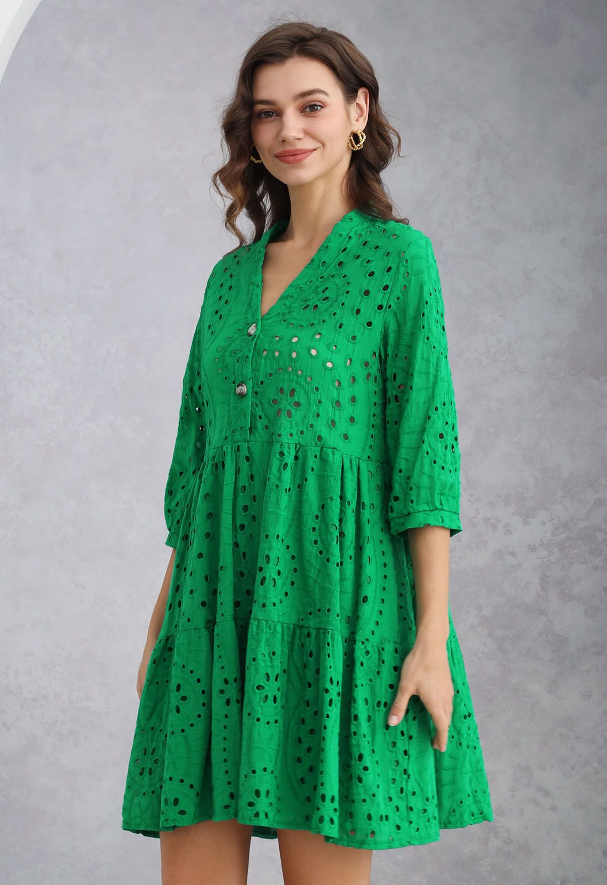 Eyelet Embroidery V-Neck Buttoned Dolly Dress