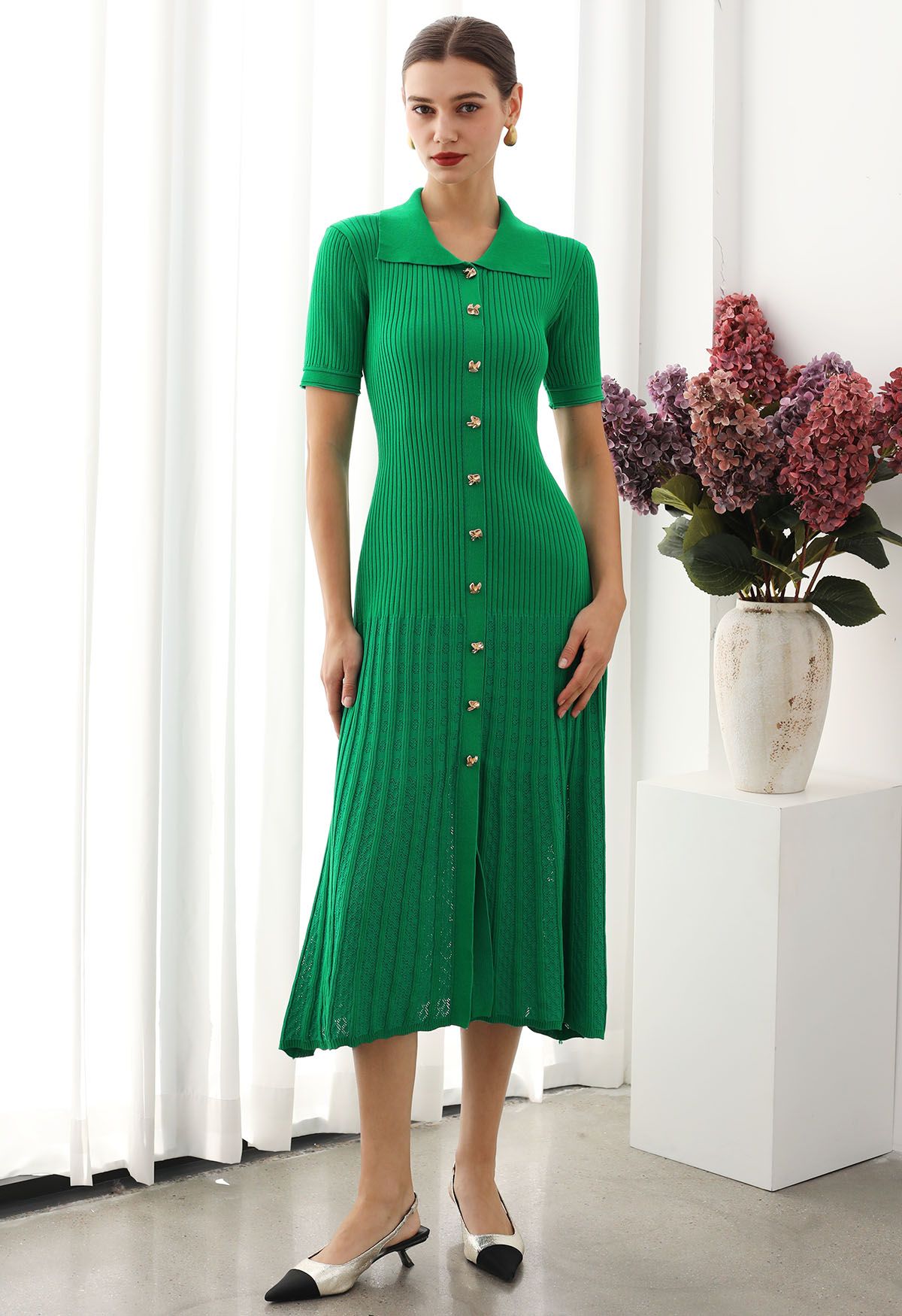 Collared Buttoned Short Sleeve Knit Midi Dress in Green