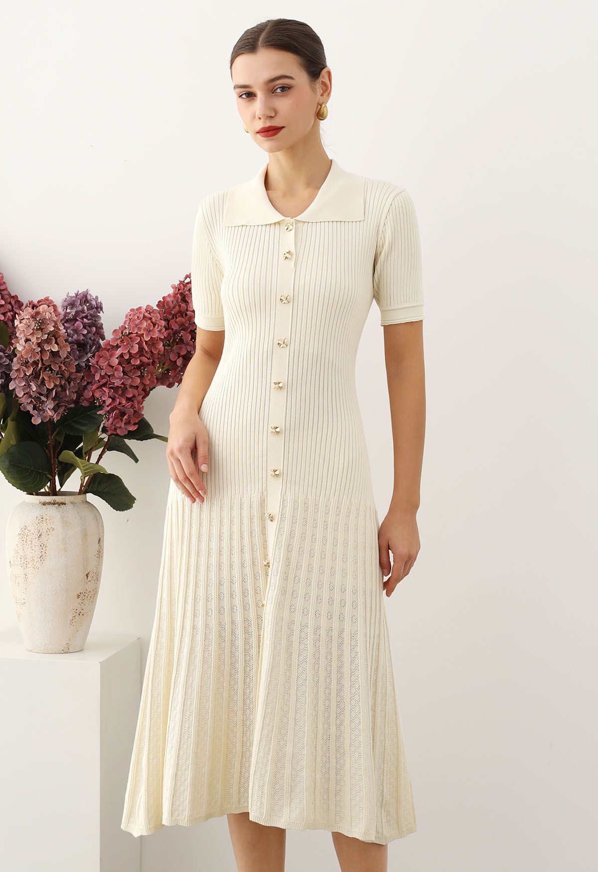 Collared Buttoned Short Sleeve Knit Midi Dress in Cream