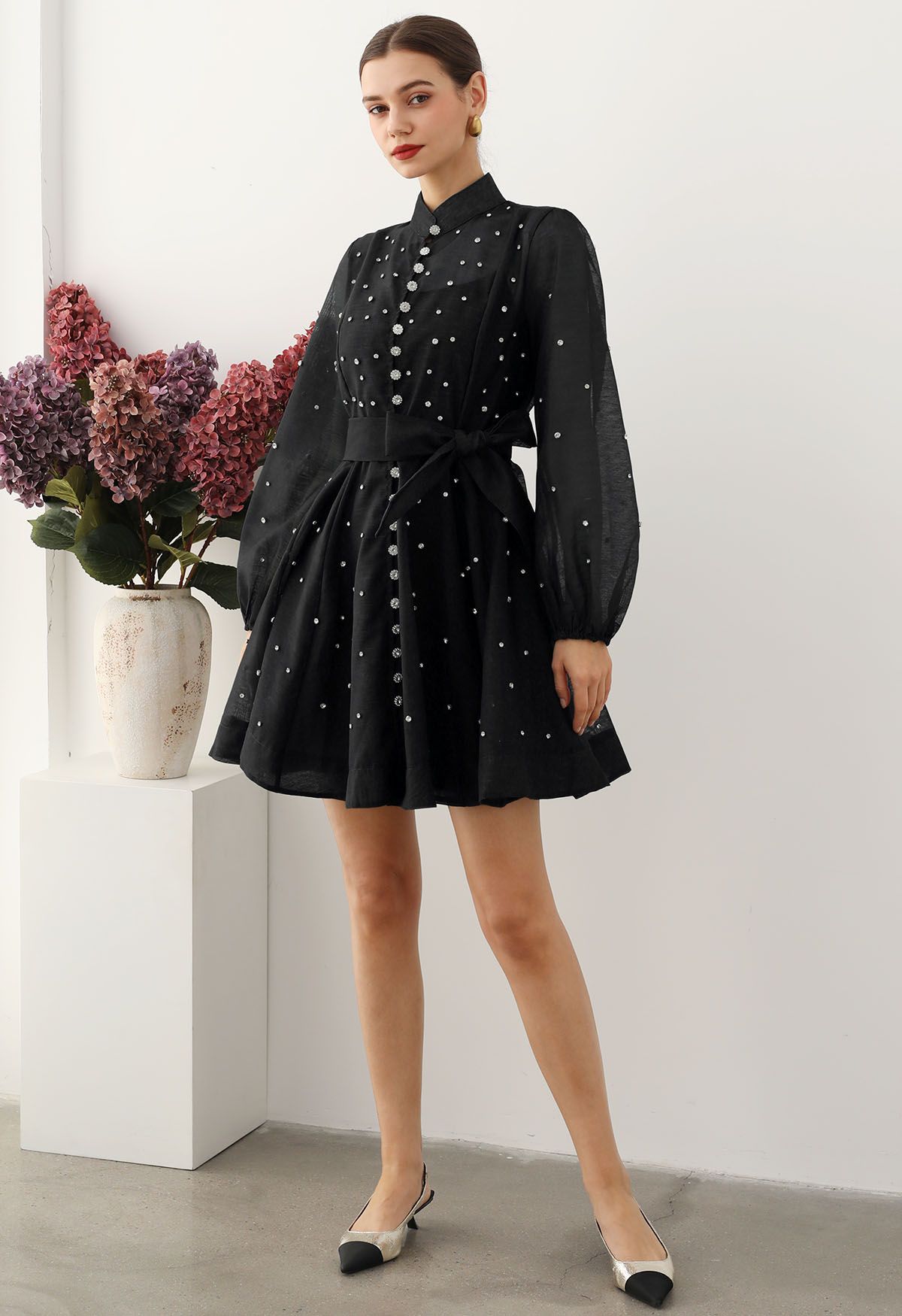 Rhinestone Decor Button Tie-Sash Organza Dress in Black