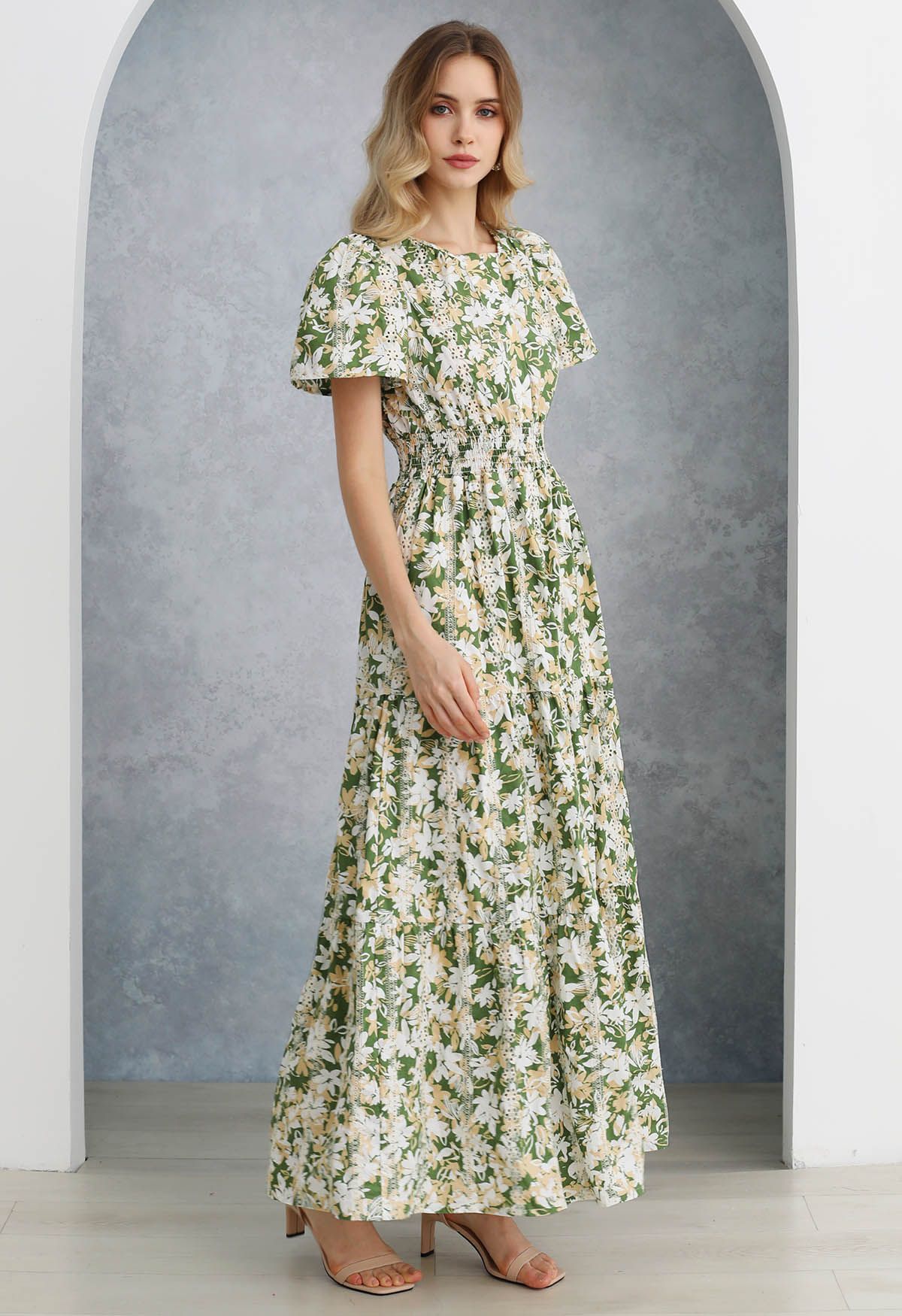 Ebullient Flower Printed Eyelet Embroidered Maxi Dress