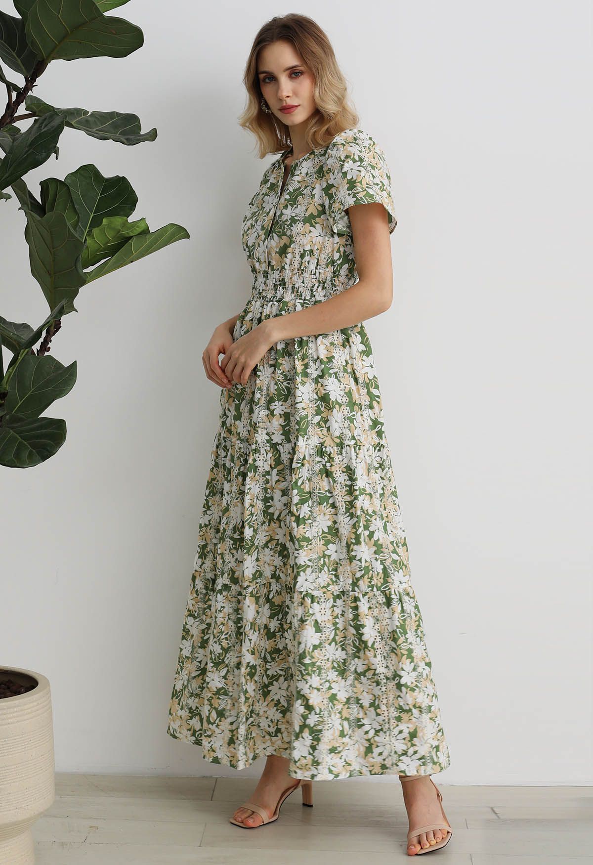 Ebullient Flower Printed Eyelet Embroidered Maxi Dress