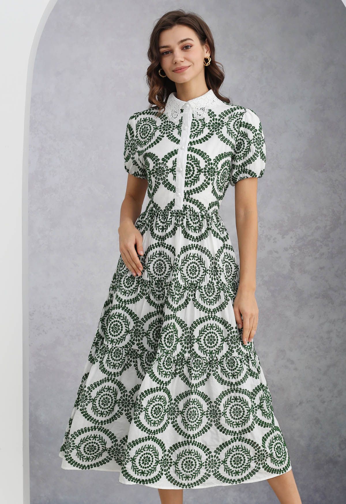 Crochet Collar Green Embroidered Eyelet Cotton Dress