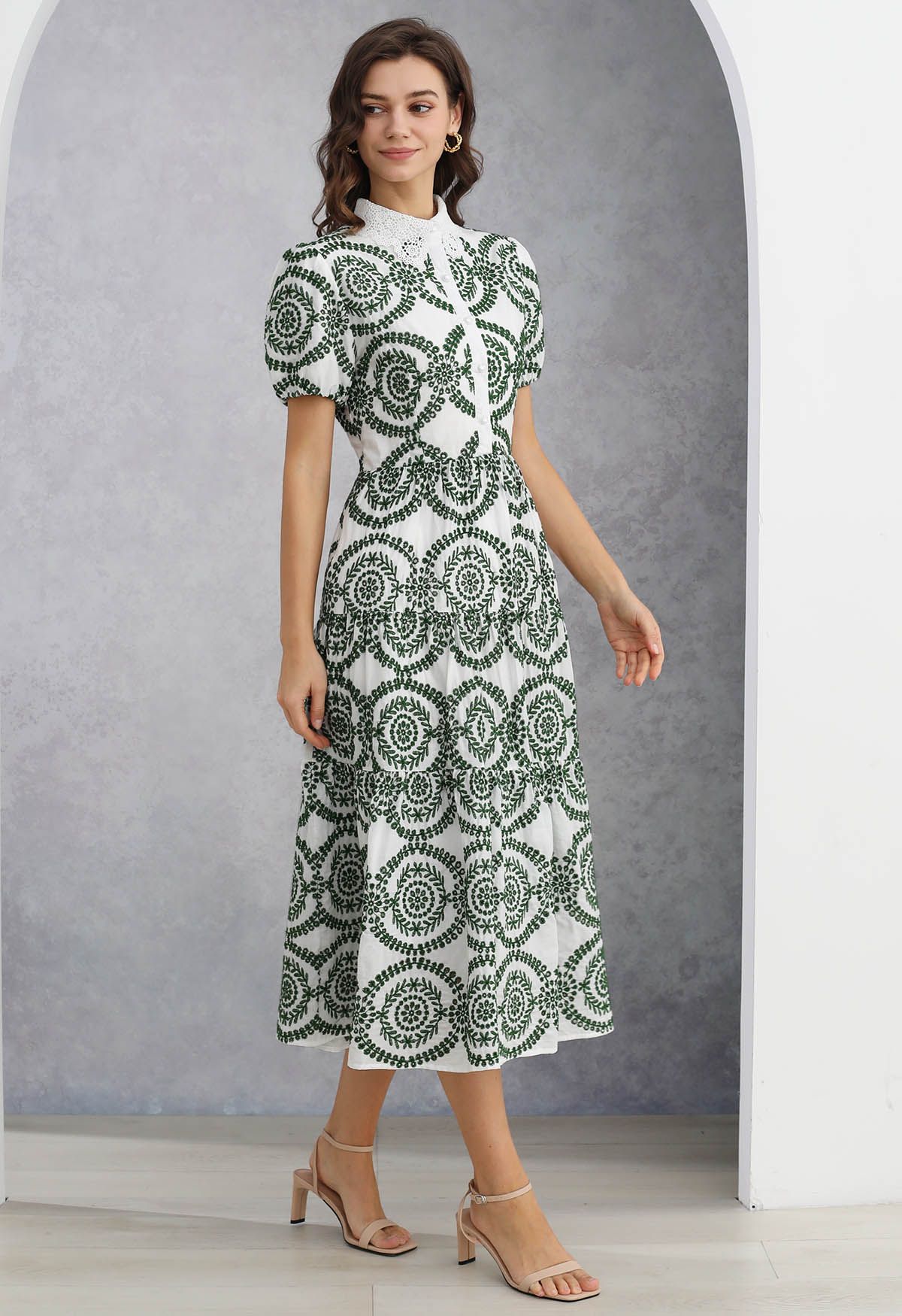 Crochet Collar Green Embroidered Eyelet Cotton Dress