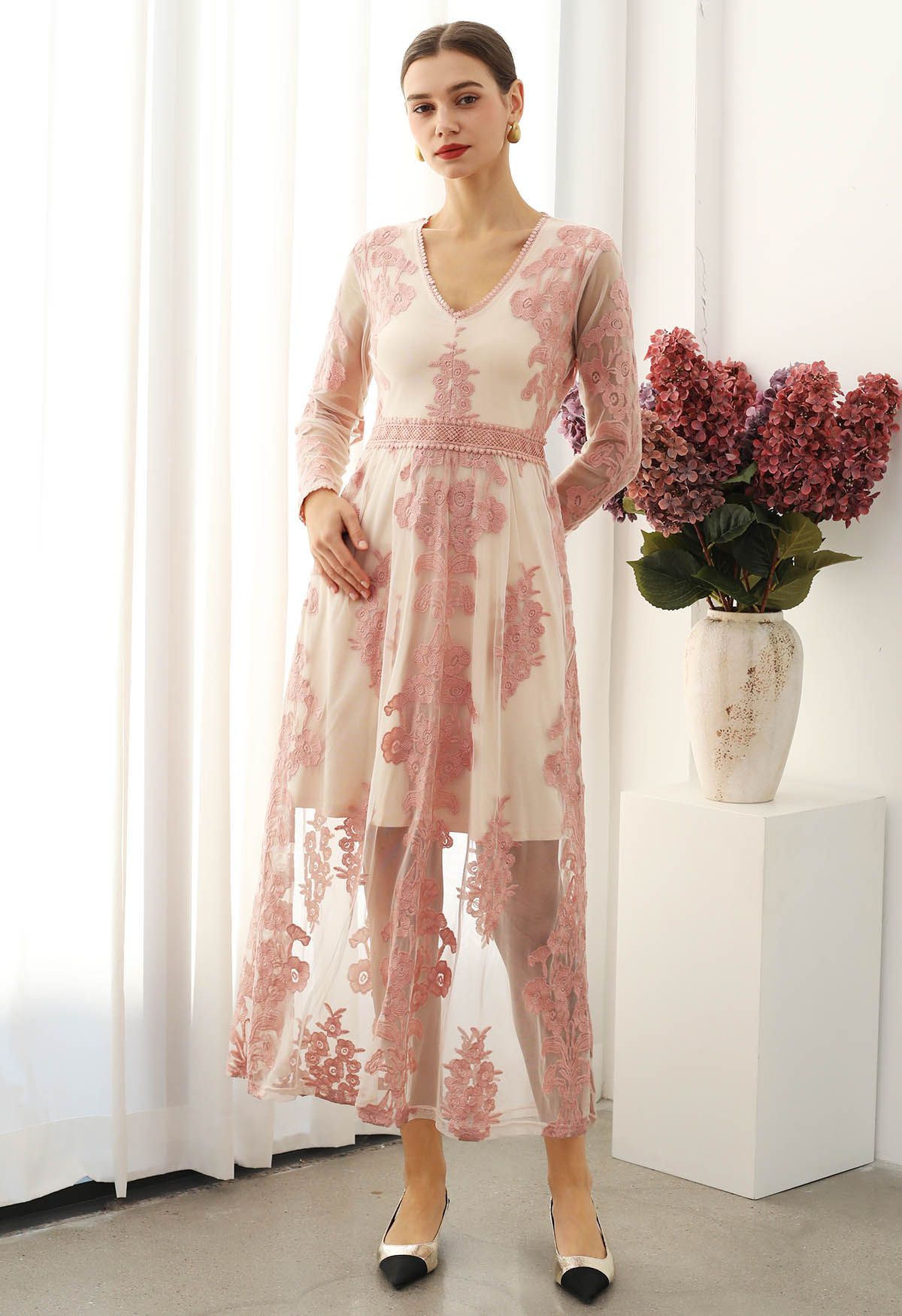 V-Neck Floral Embroidered Mesh Maxi Dress in Pink