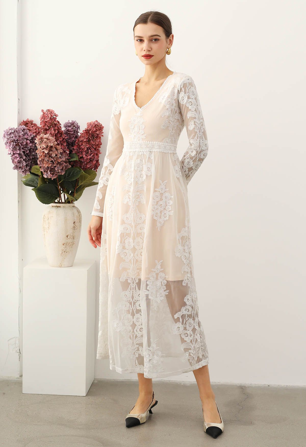 V-Neck Floral Embroidered Mesh Maxi Dress in White