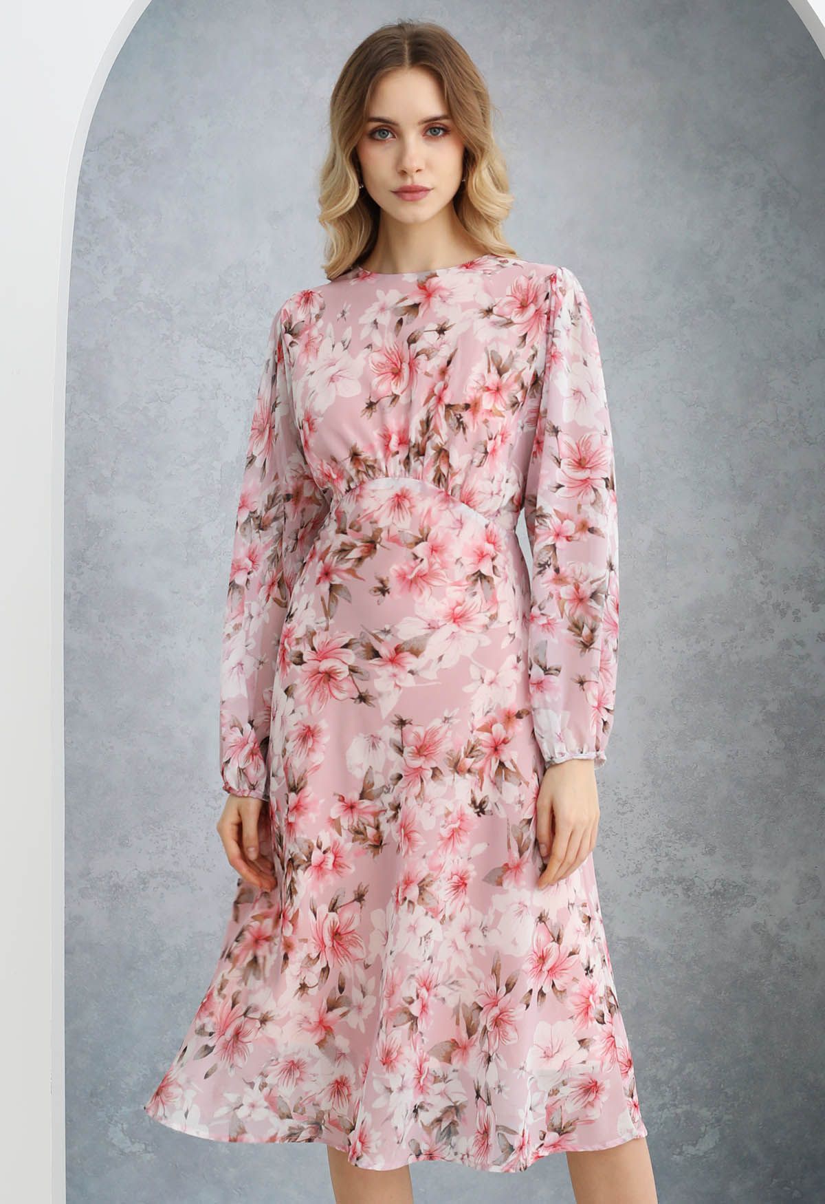 Cherry Blossom Printed Puff Sleeve Chiffon Midi Dress